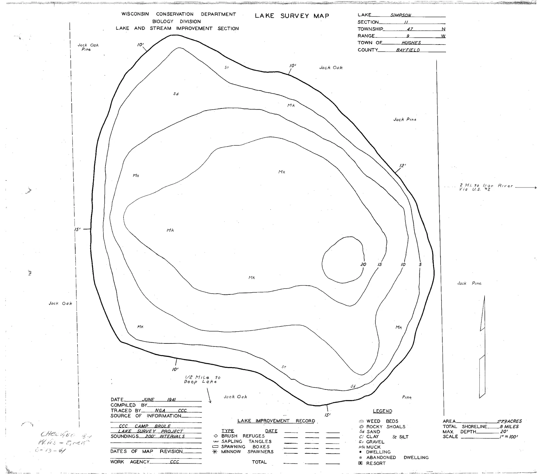 Simpson Lake historical Wisconsin DNR depth map sheet 1
