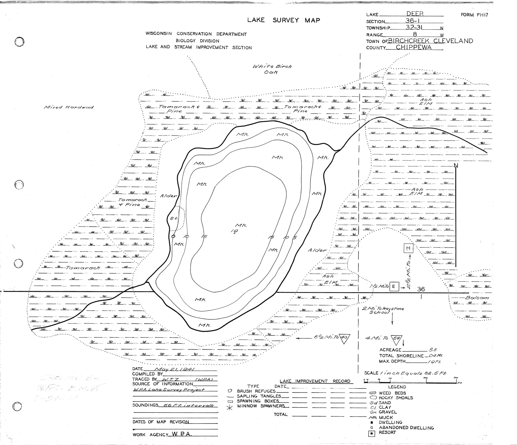 Deer Lake historical Wisconsin DNR depth map sheet 1