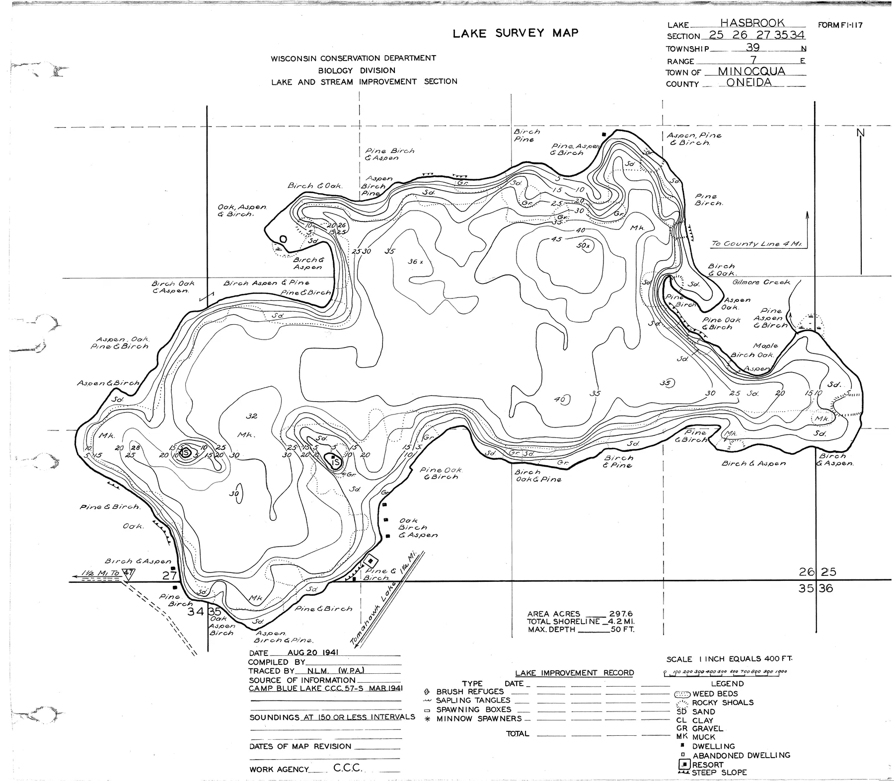 Hasbrook Lake historical Wisconsin DNR depth map sheet 1