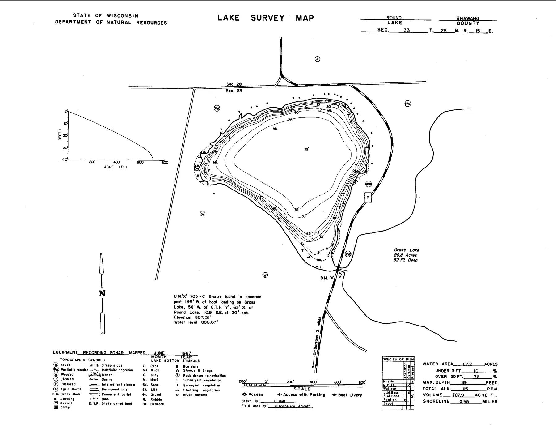 Round Lake historical Wisconsin DNR depth map sheet 1