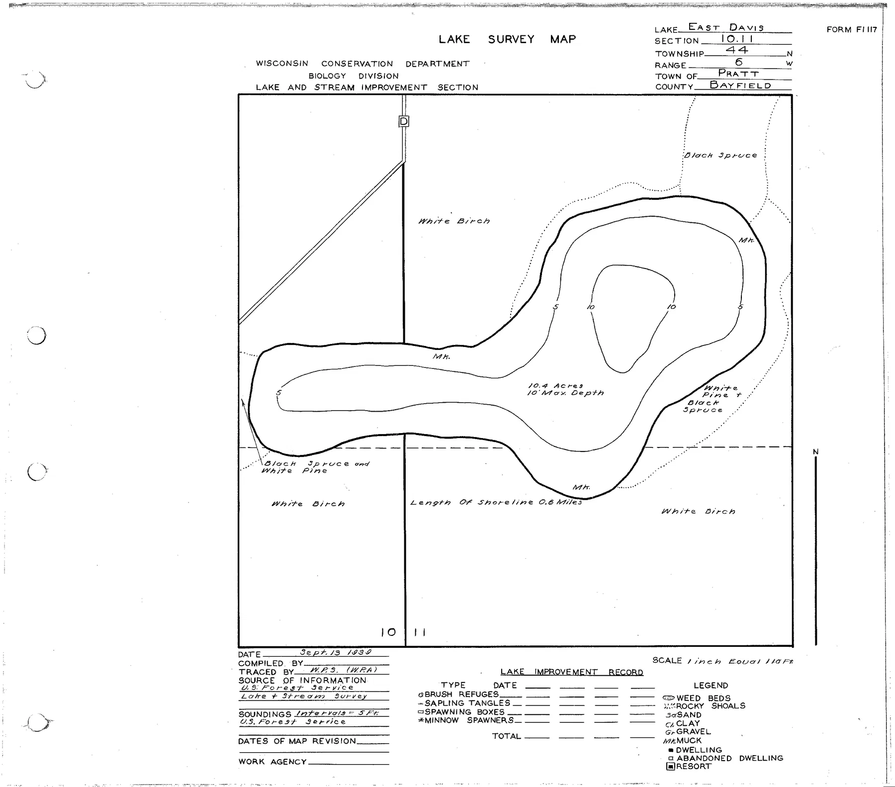 East Davis Lake historical Wisconsin DNR depth map sheet 1