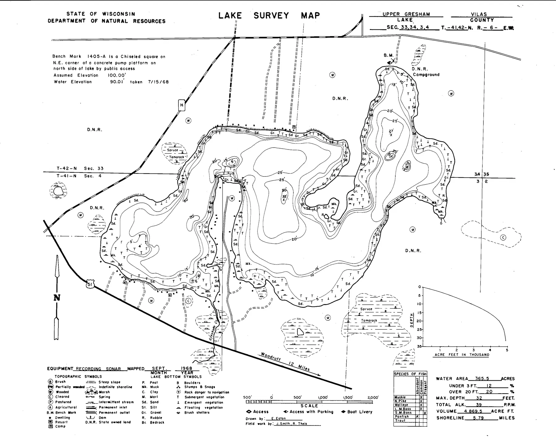 Upper Gresham Lake historical Wisconsin DNR depth map sheet 1