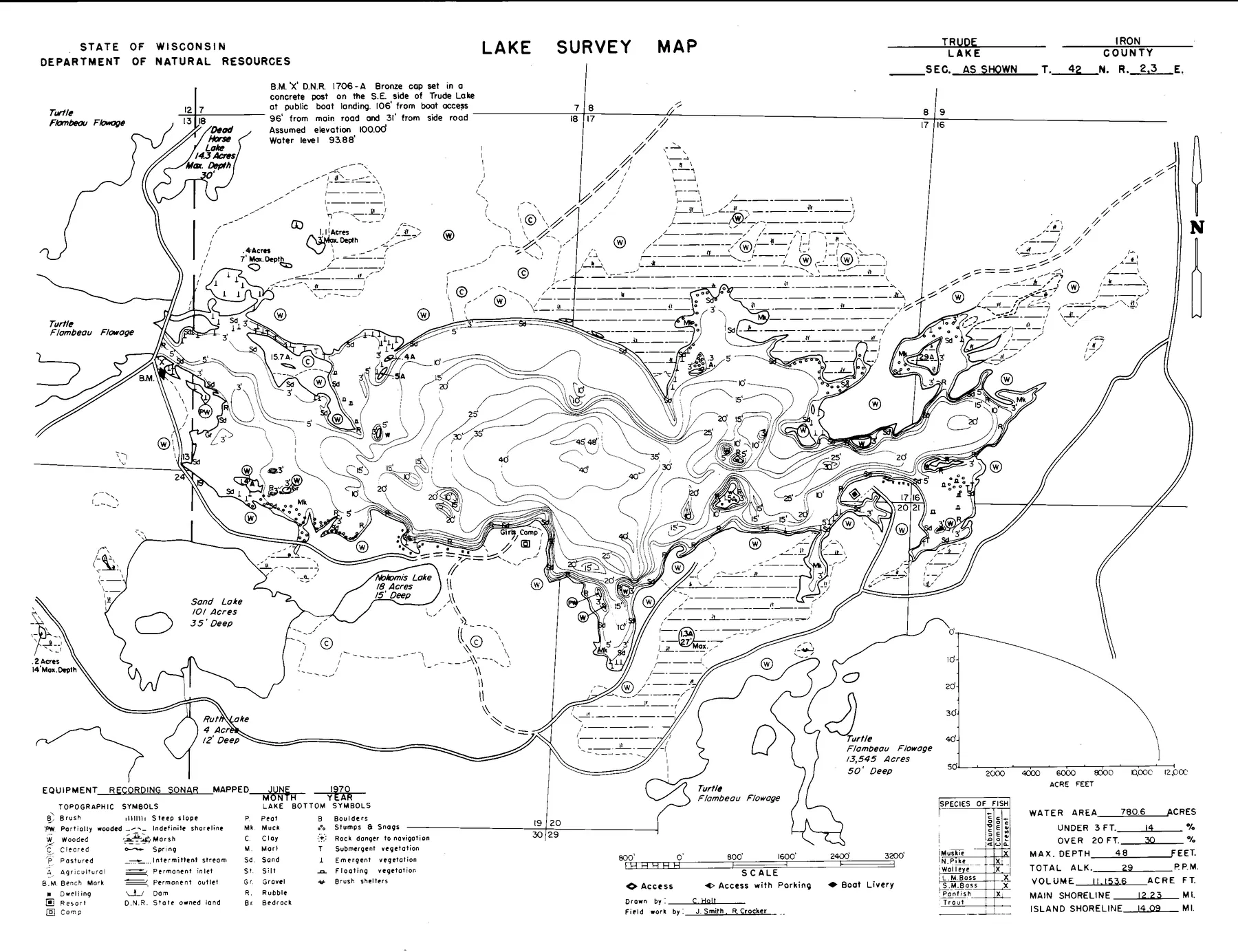 Trude Lake historical Wisconsin DNR depth map sheet 1