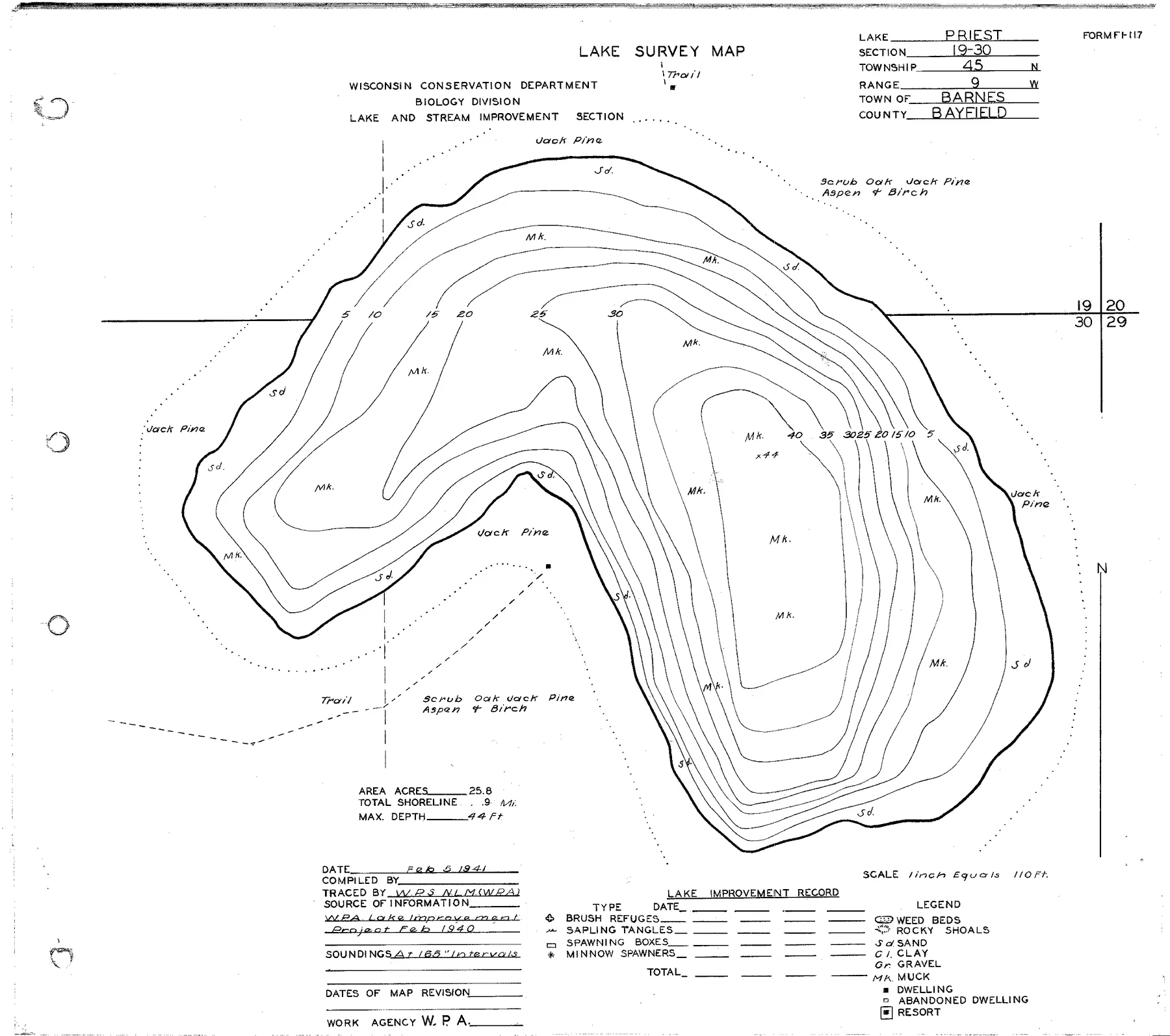 Priest Lake historical Wisconsin DNR depth map sheet 1
