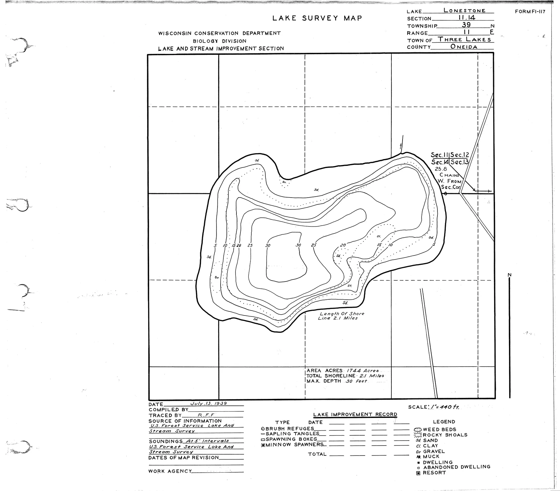 Lone Stone Lake historical Wisconsin DNR depth map sheet 1