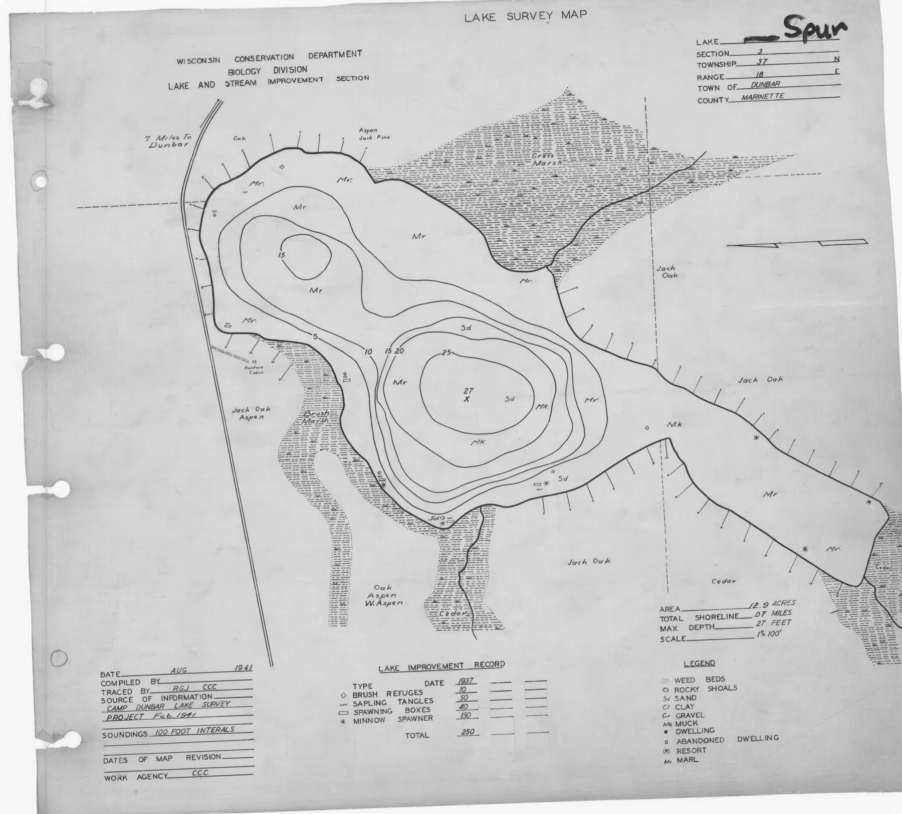Spur Lake historical Wisconsin DNR depth map sheet 1