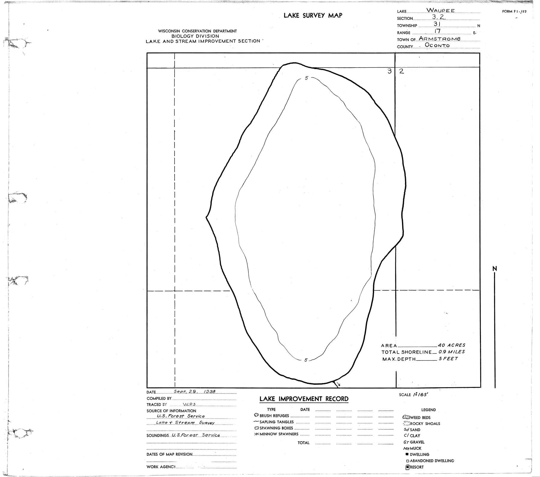 Waupee Lake historical Wisconsin DNR depth map sheet 1