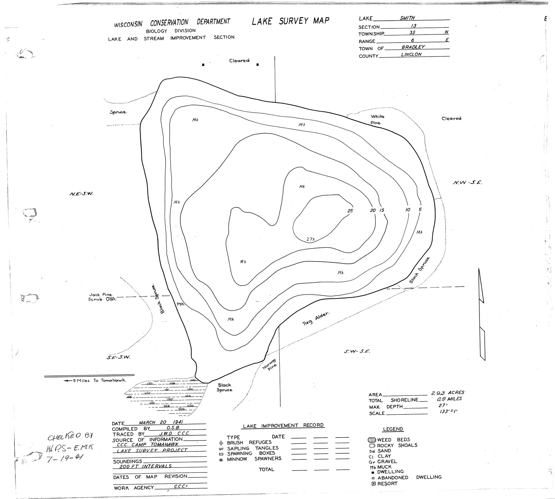 Smith Lake historical Wisconsin DNR depth map sheet 1