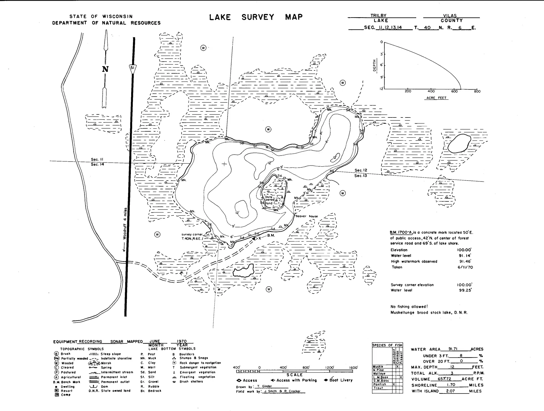 Trilby Lake historical Wisconsin DNR depth map sheet 1