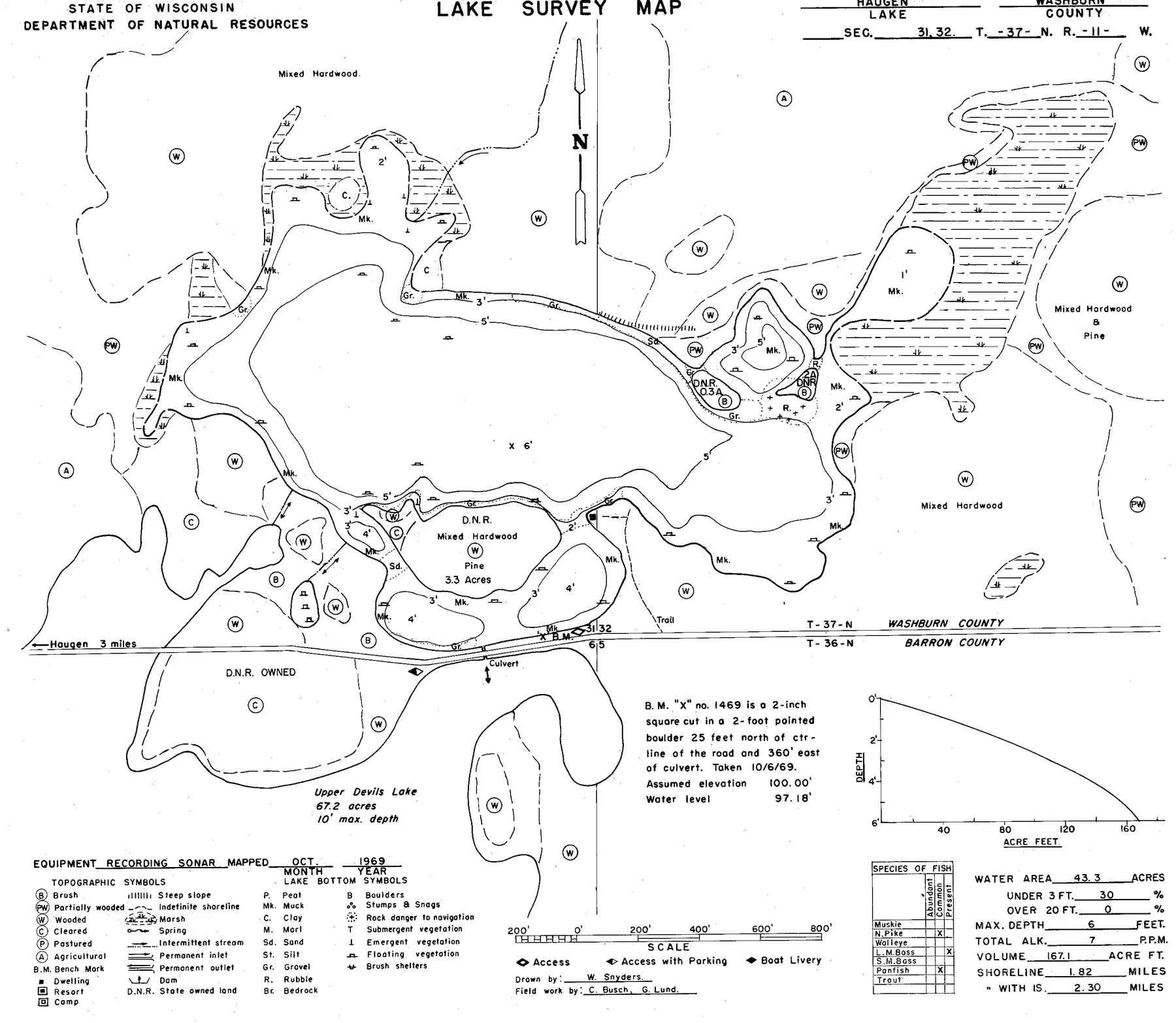 Haugen Lake historical Wisconsin DNR depth map sheet 1
