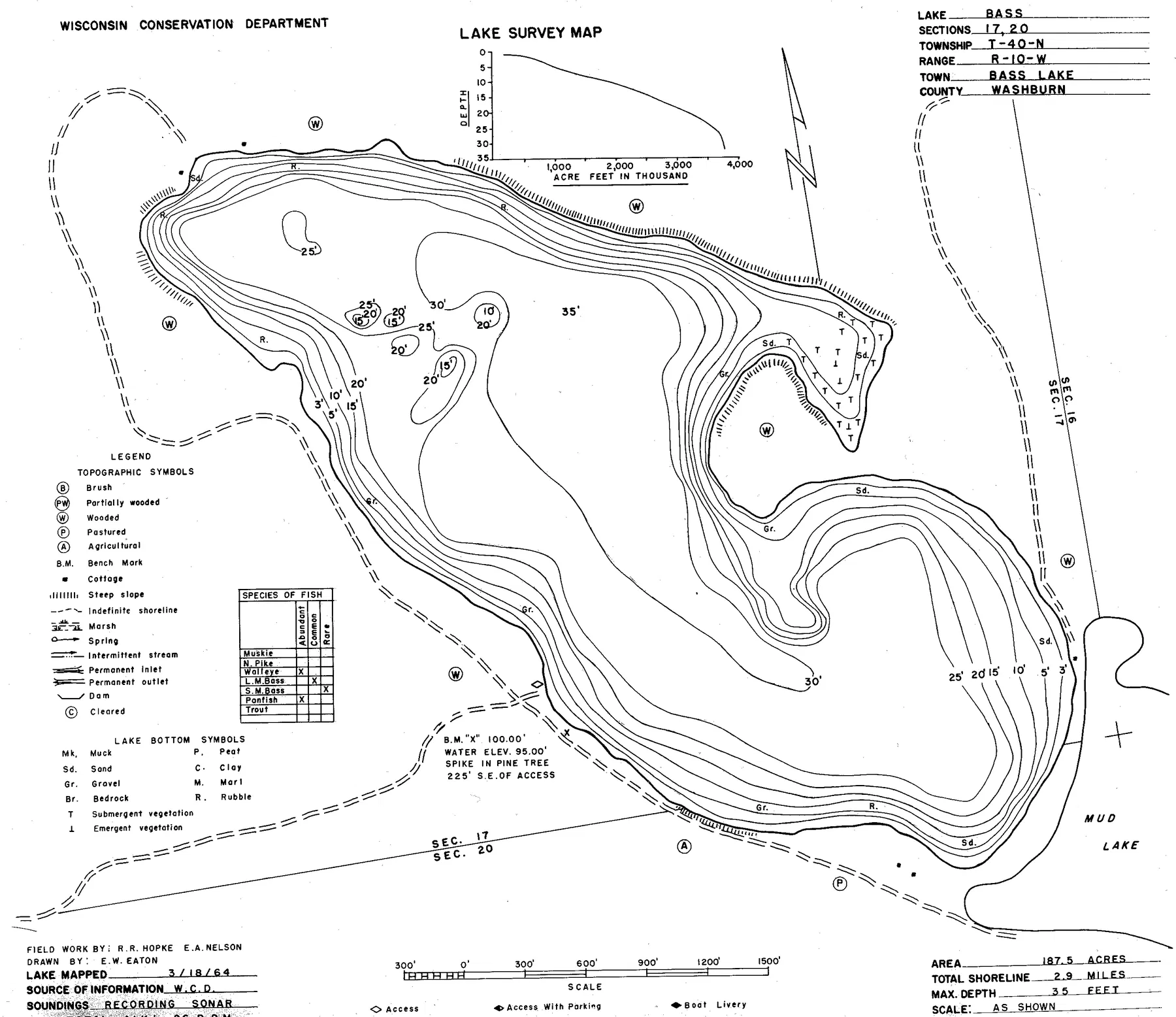 Bass Lake historical Wisconsin DNR depth map sheet 1
