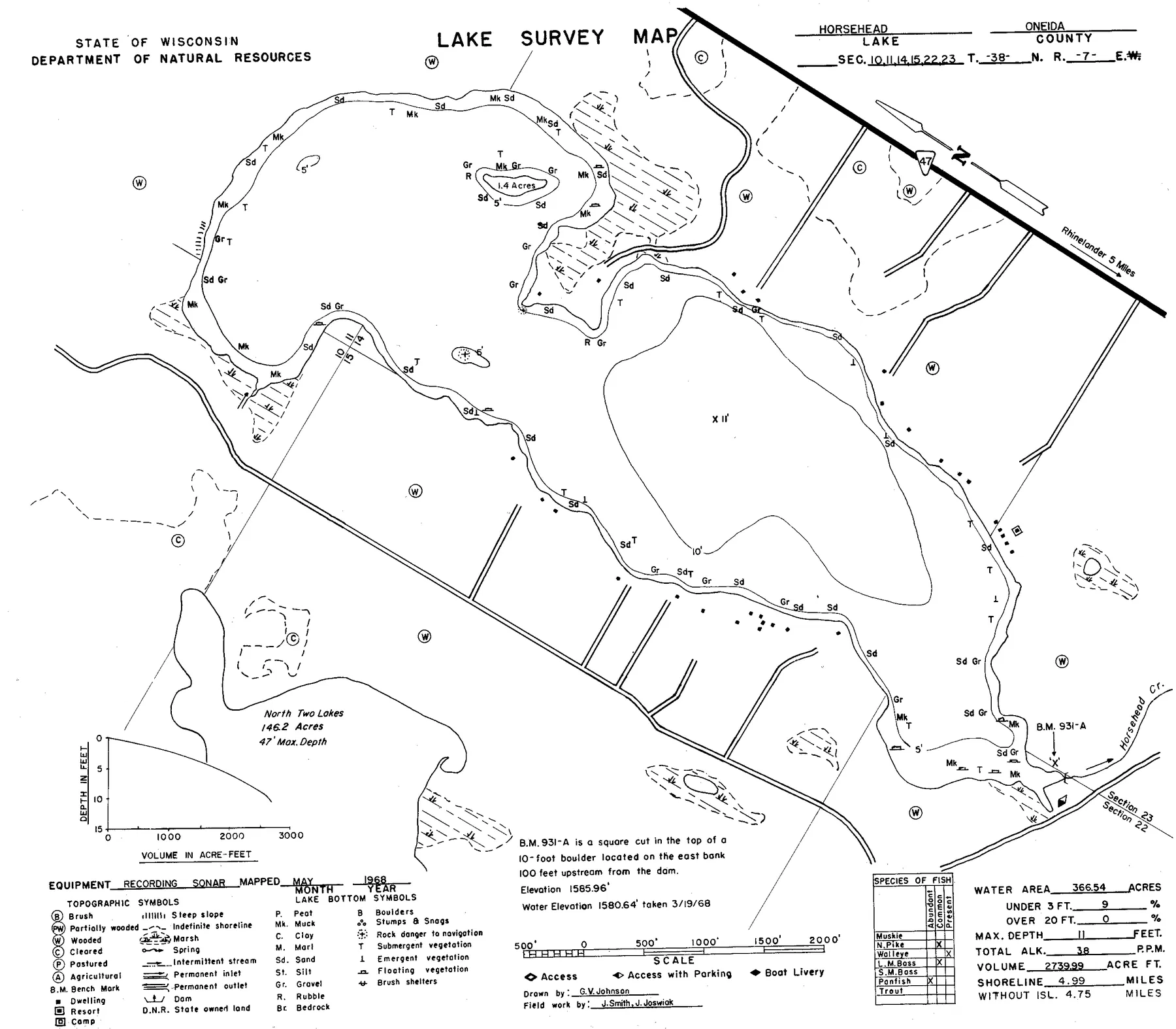 Horsehead Lake historical Wisconsin DNR depth map sheet 1