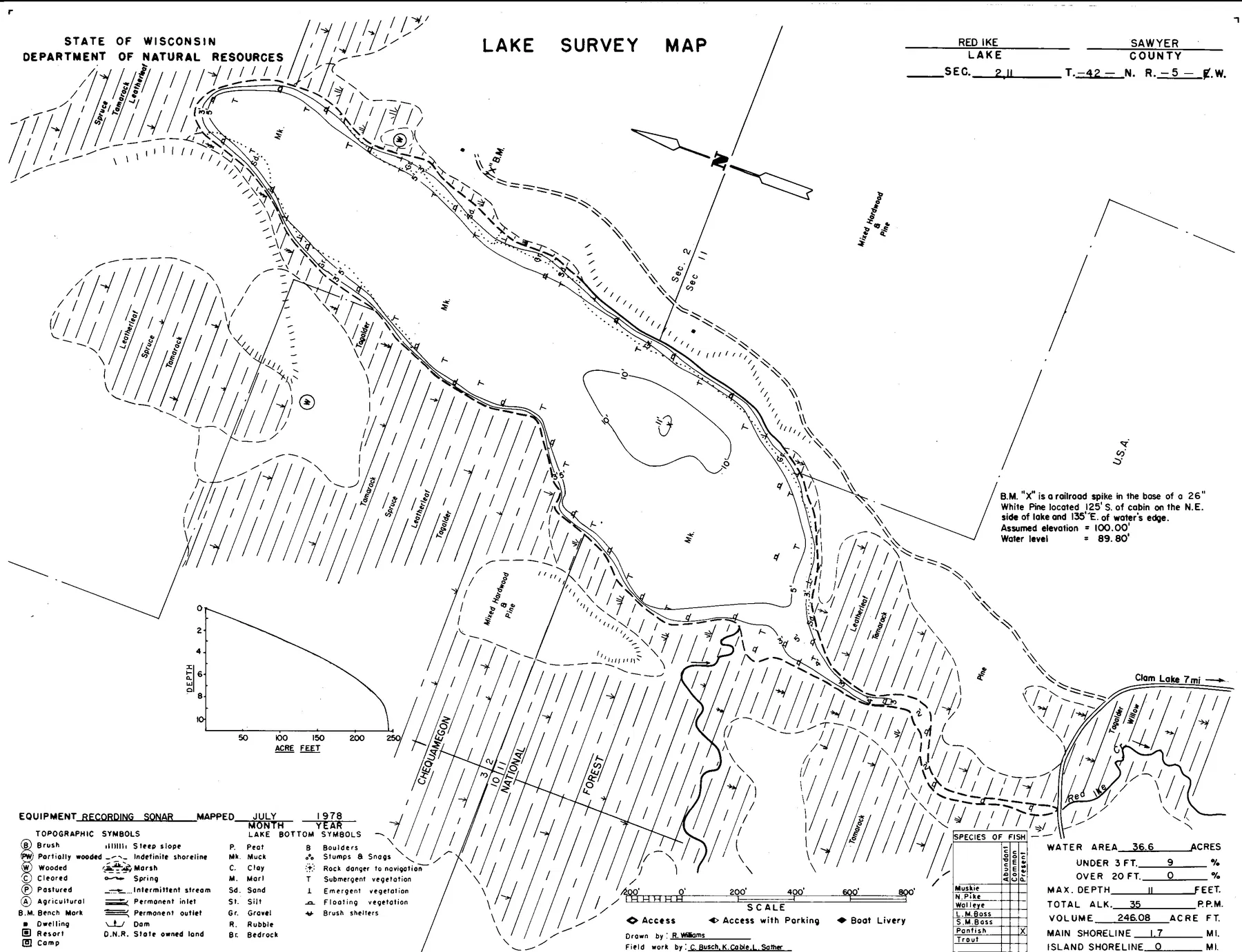 Red Ike Lake historical Wisconsin DNR depth map sheet 1