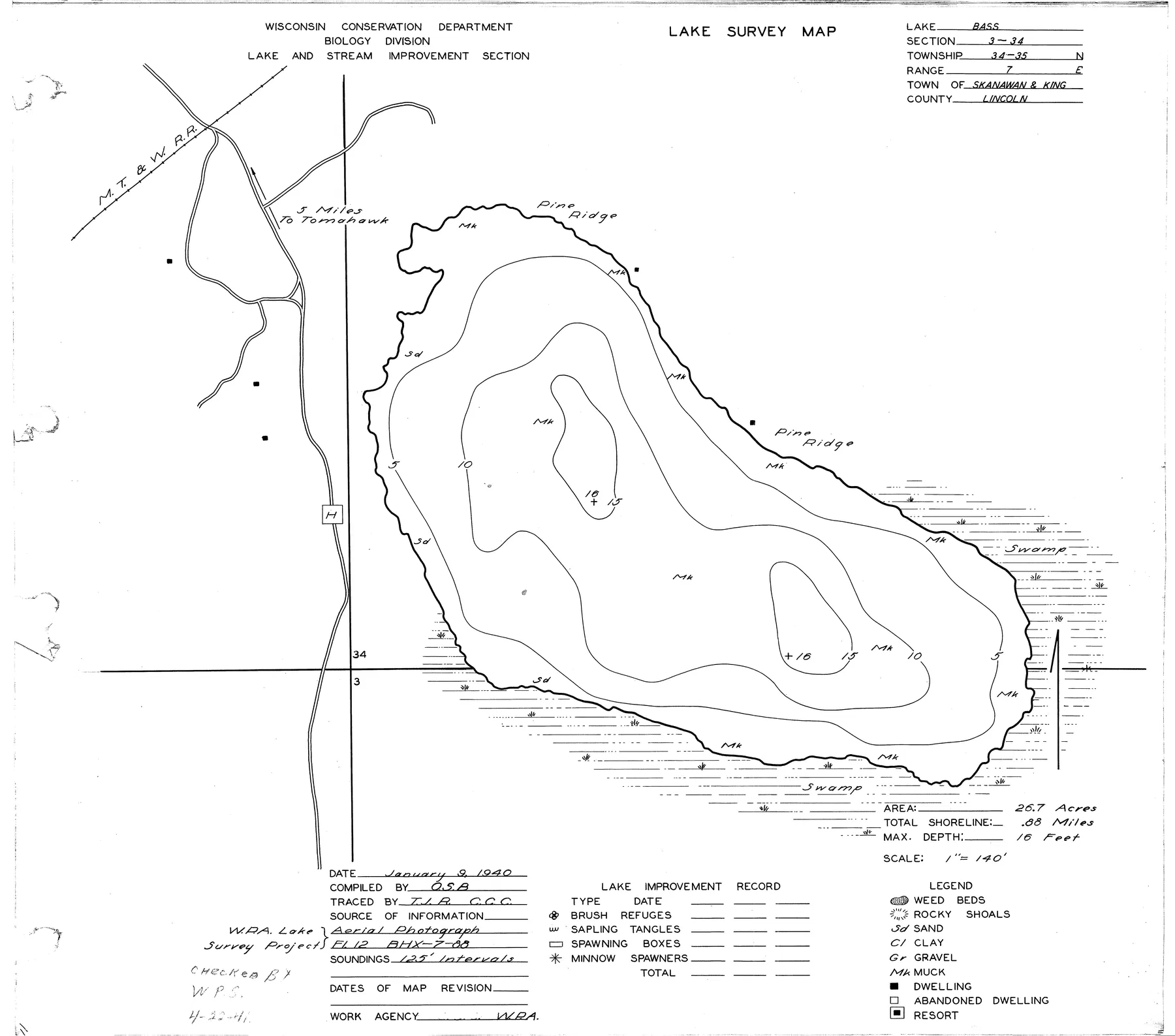 Bass Lake historical Wisconsin DNR depth map sheet 1