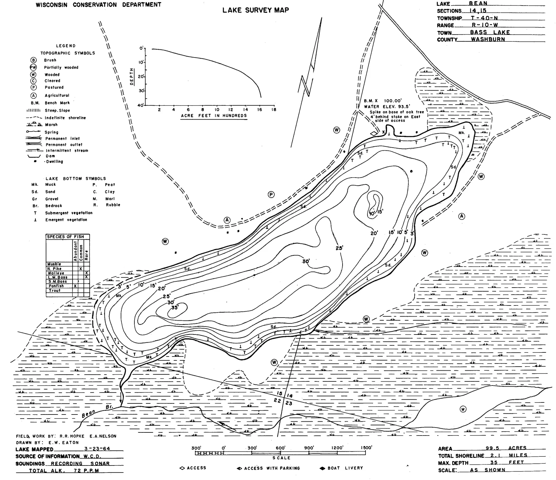 Bean Lake historical Wisconsin DNR depth map sheet 1