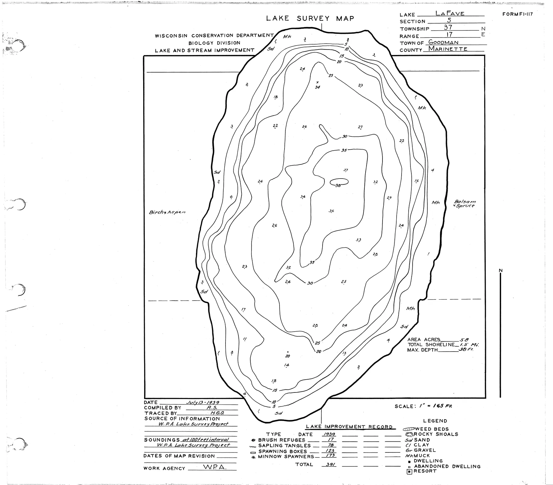 LaFave Lake historical Wisconsin DNR depth map sheet 1