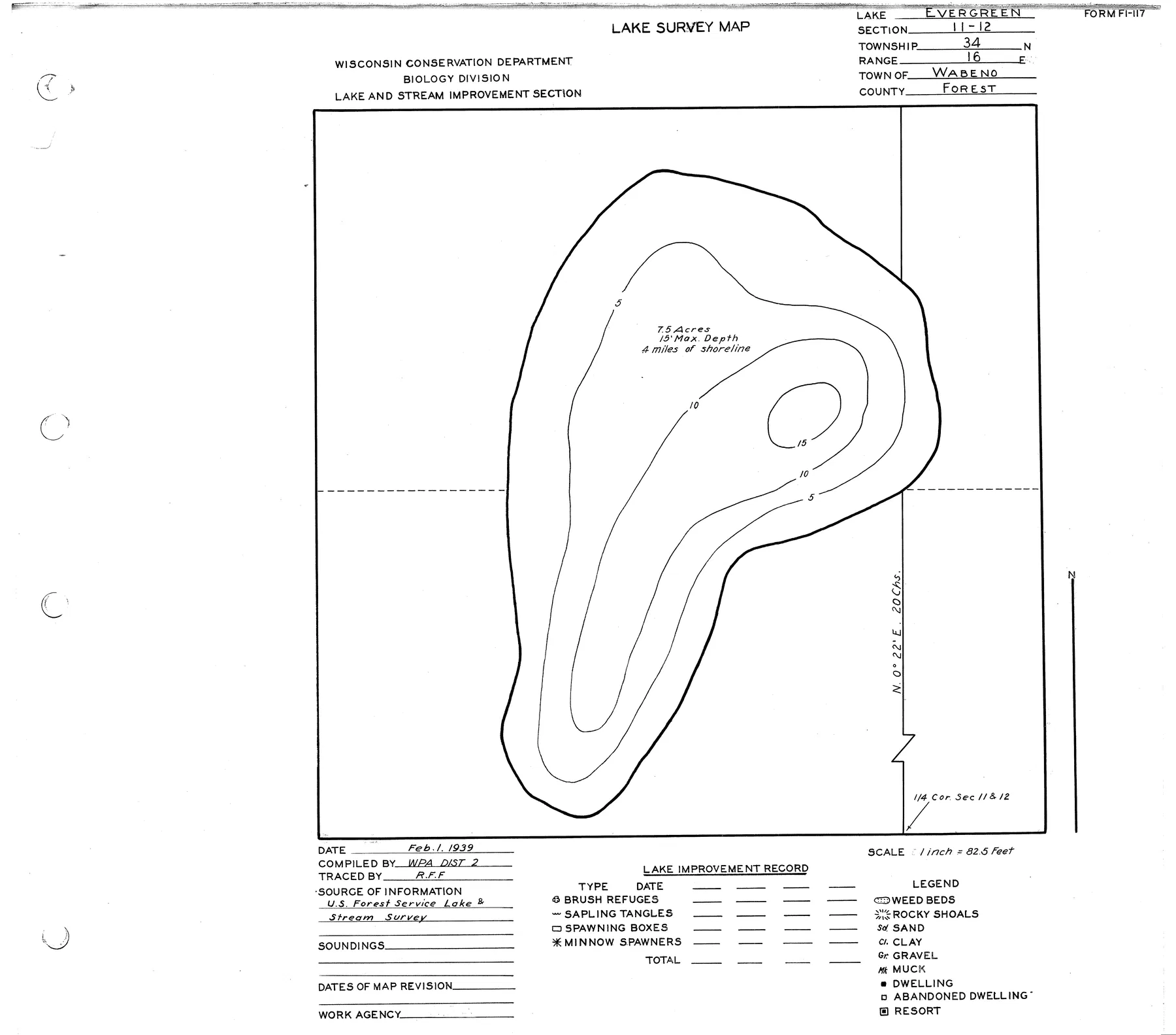 Evergreen Lake historical Wisconsin DNR depth map sheet 1