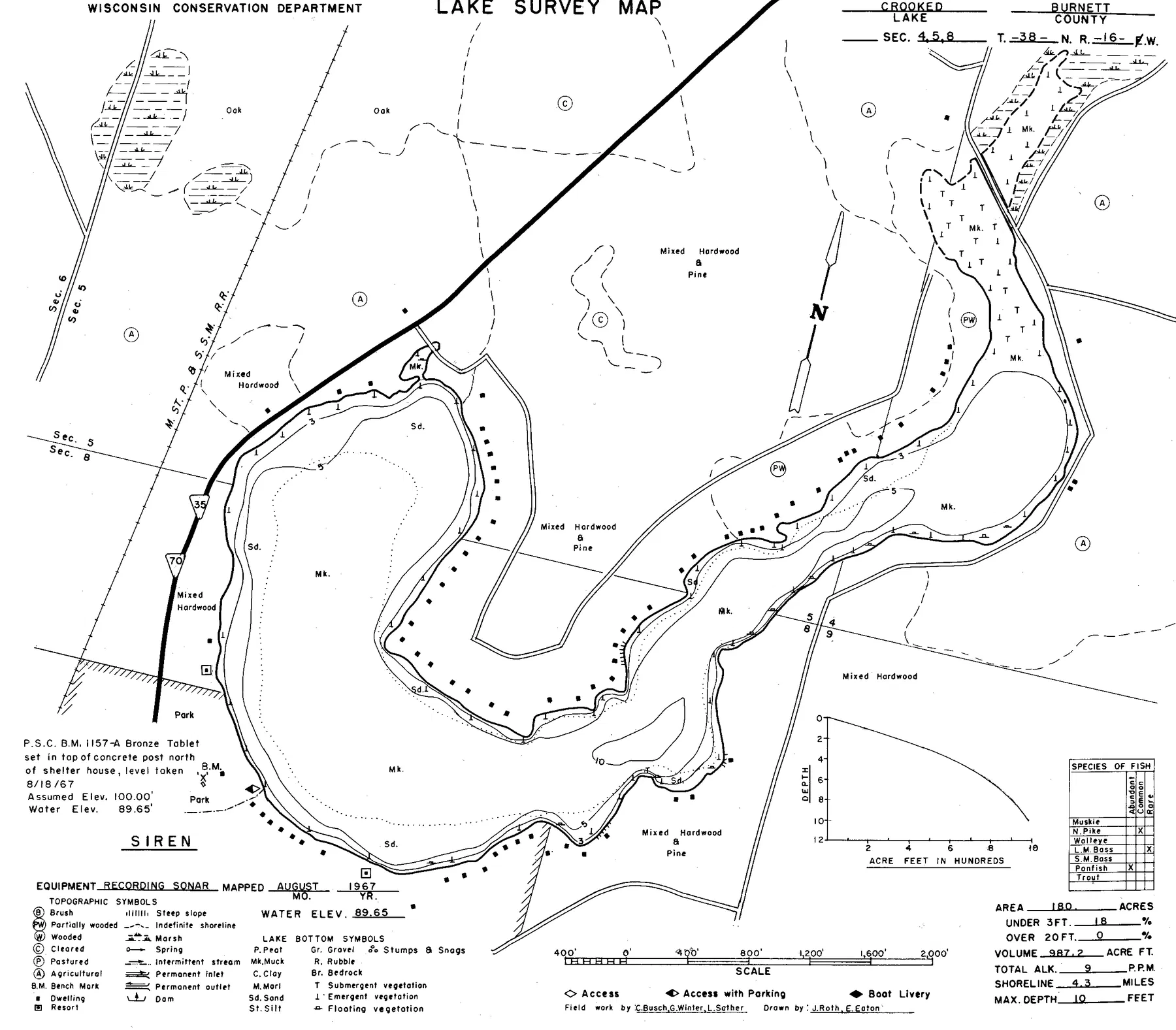 Crooked Lake historical Wisconsin DNR depth map sheet 1