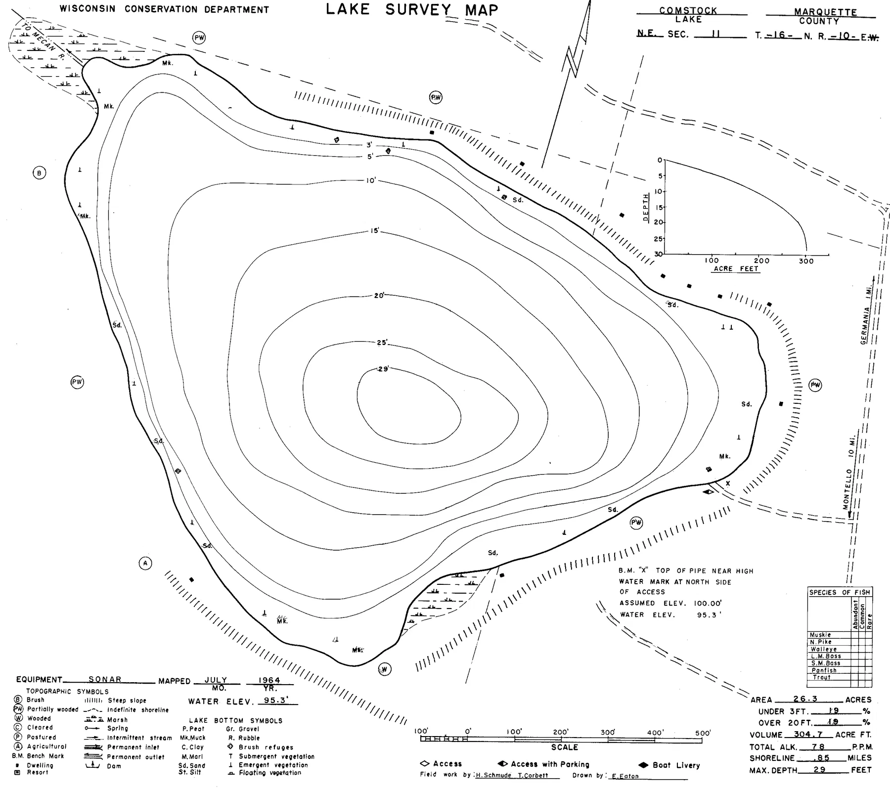 Comstock Lake historical Wisconsin DNR depth map sheet 1