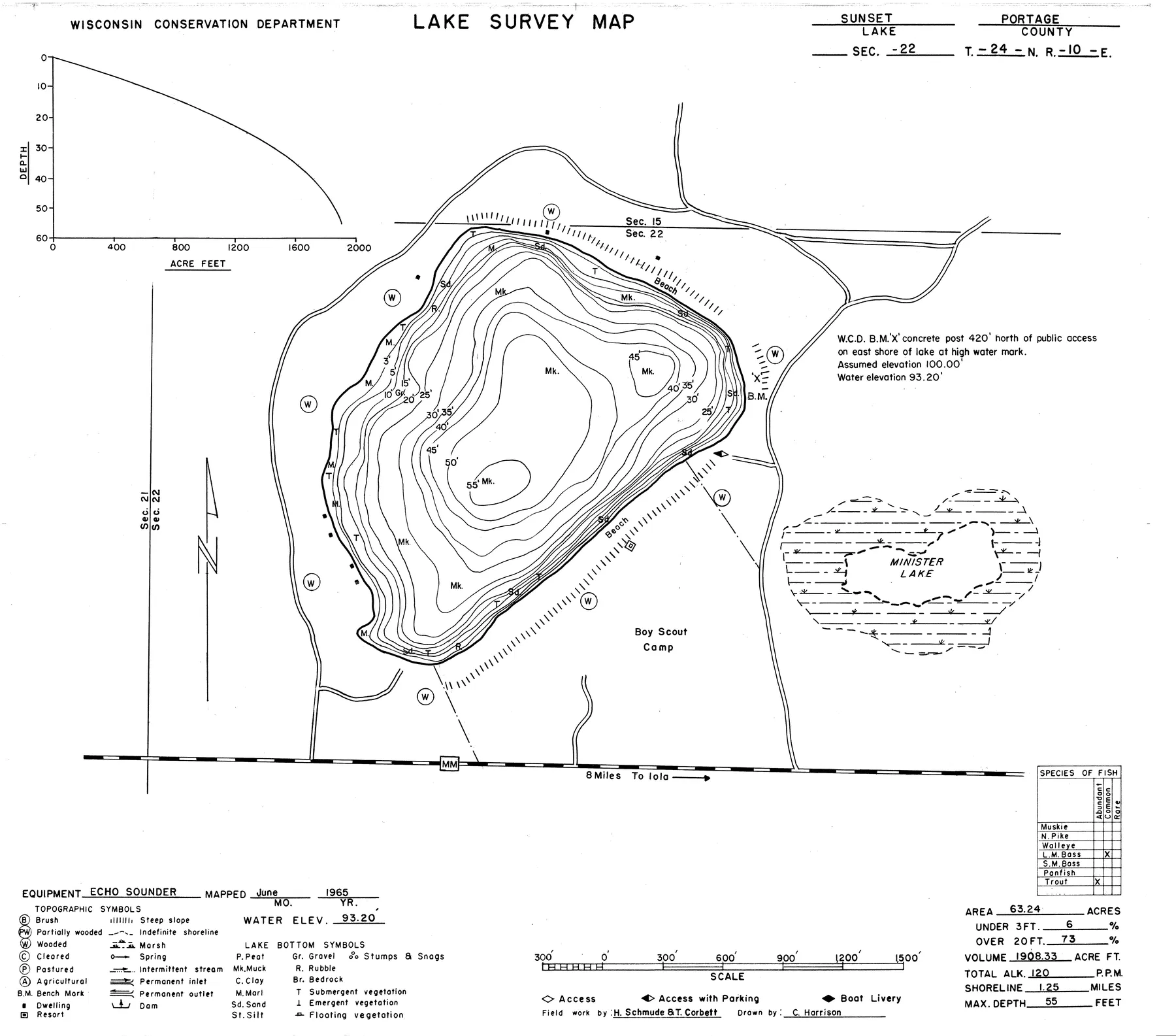 Sunset Lake historical Wisconsin DNR depth map sheet 1