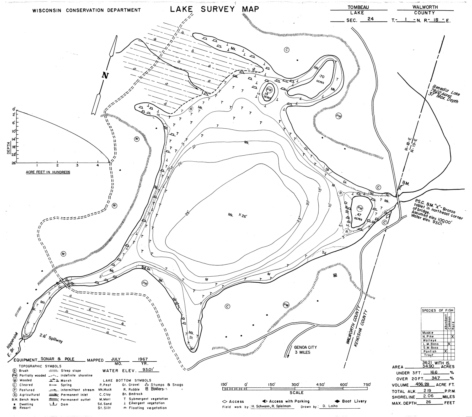 Tombeau Lake historical Wisconsin DNR depth map sheet 1