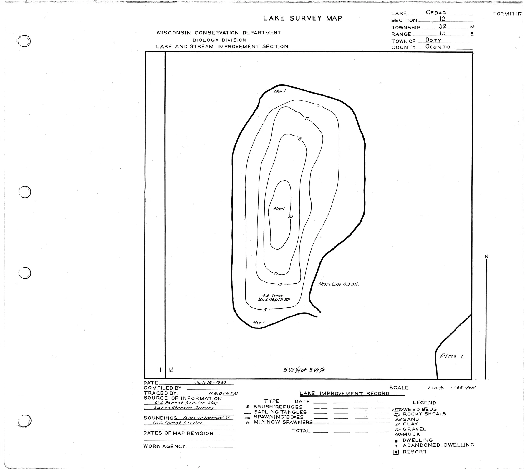 Cedar Lake historical Wisconsin DNR depth map sheet 1