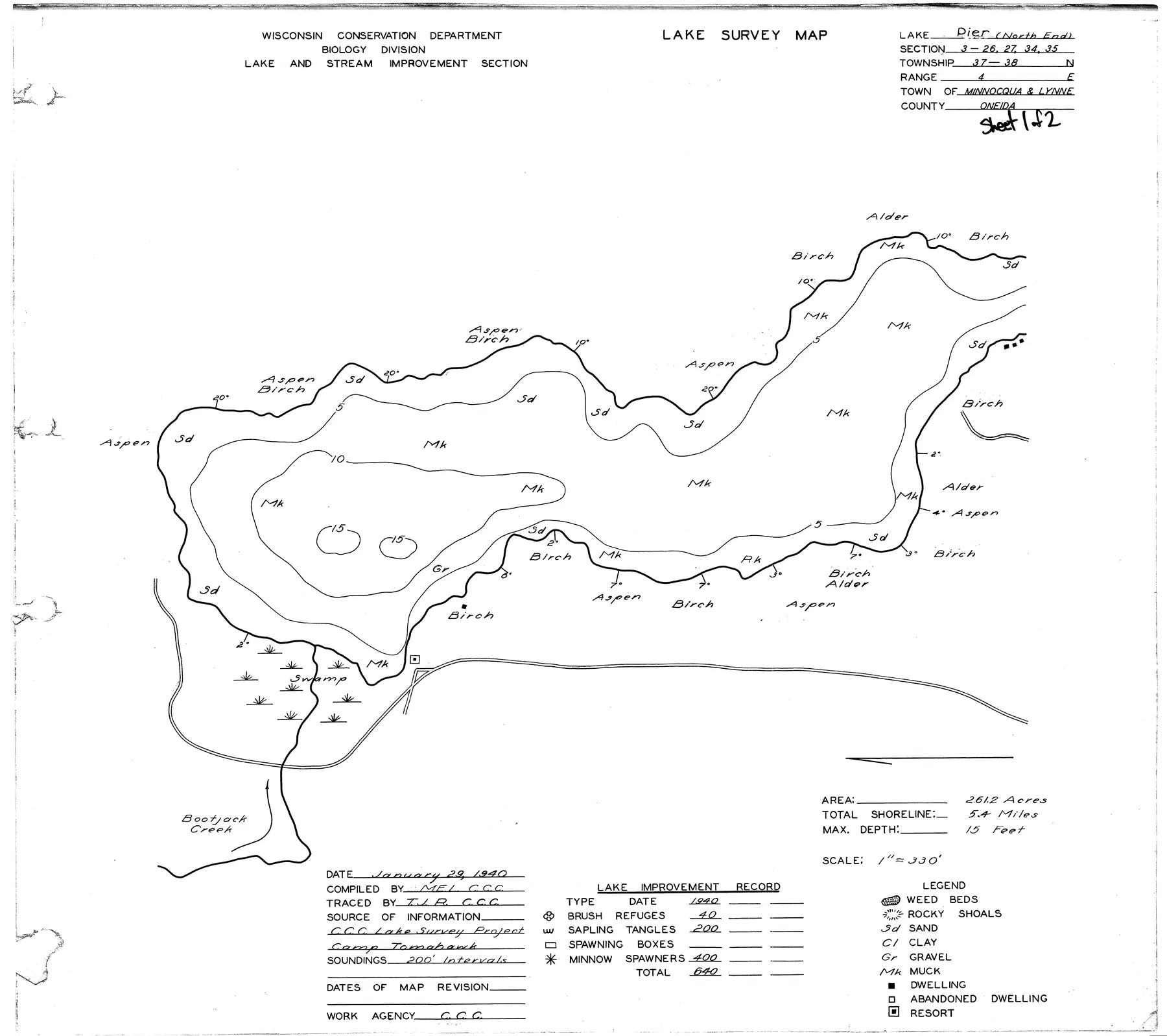 Pier Lake historical Wisconsin DNR depth map sheet 1