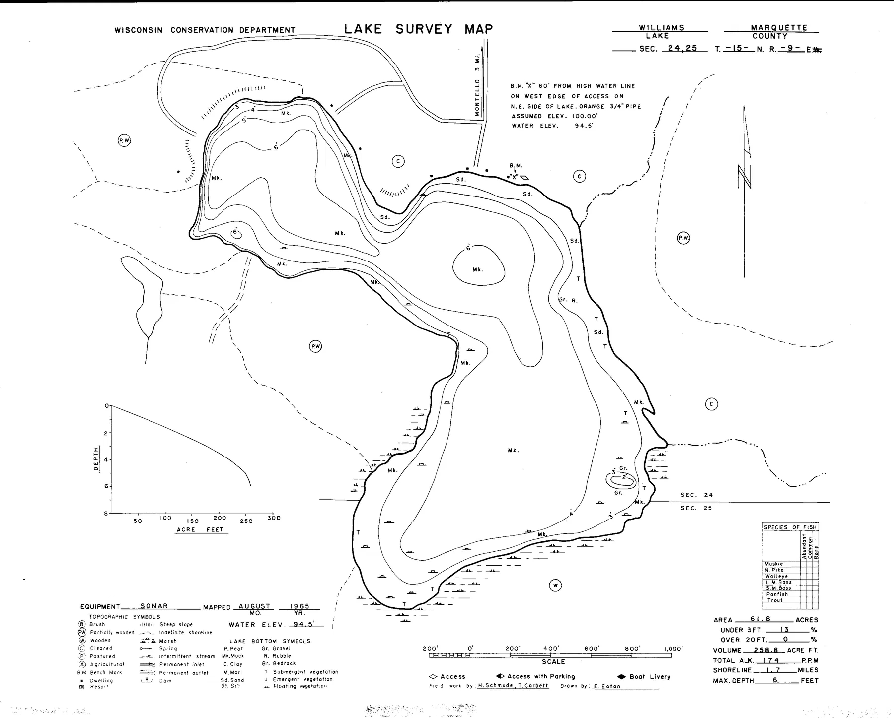 Williams Lake historical Wisconsin DNR depth map sheet 1