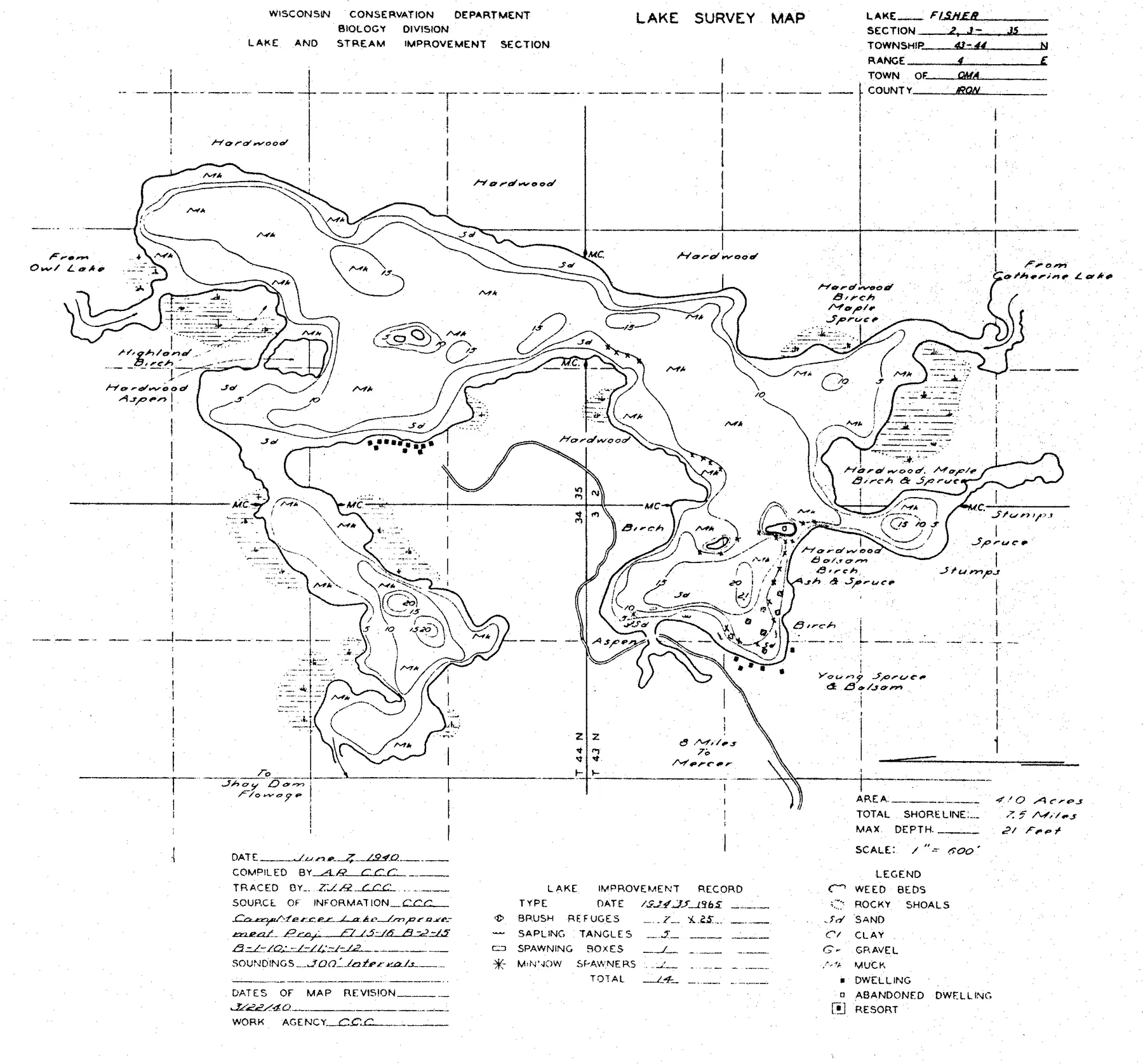 Fisher Lake historical Wisconsin DNR depth map sheet 1