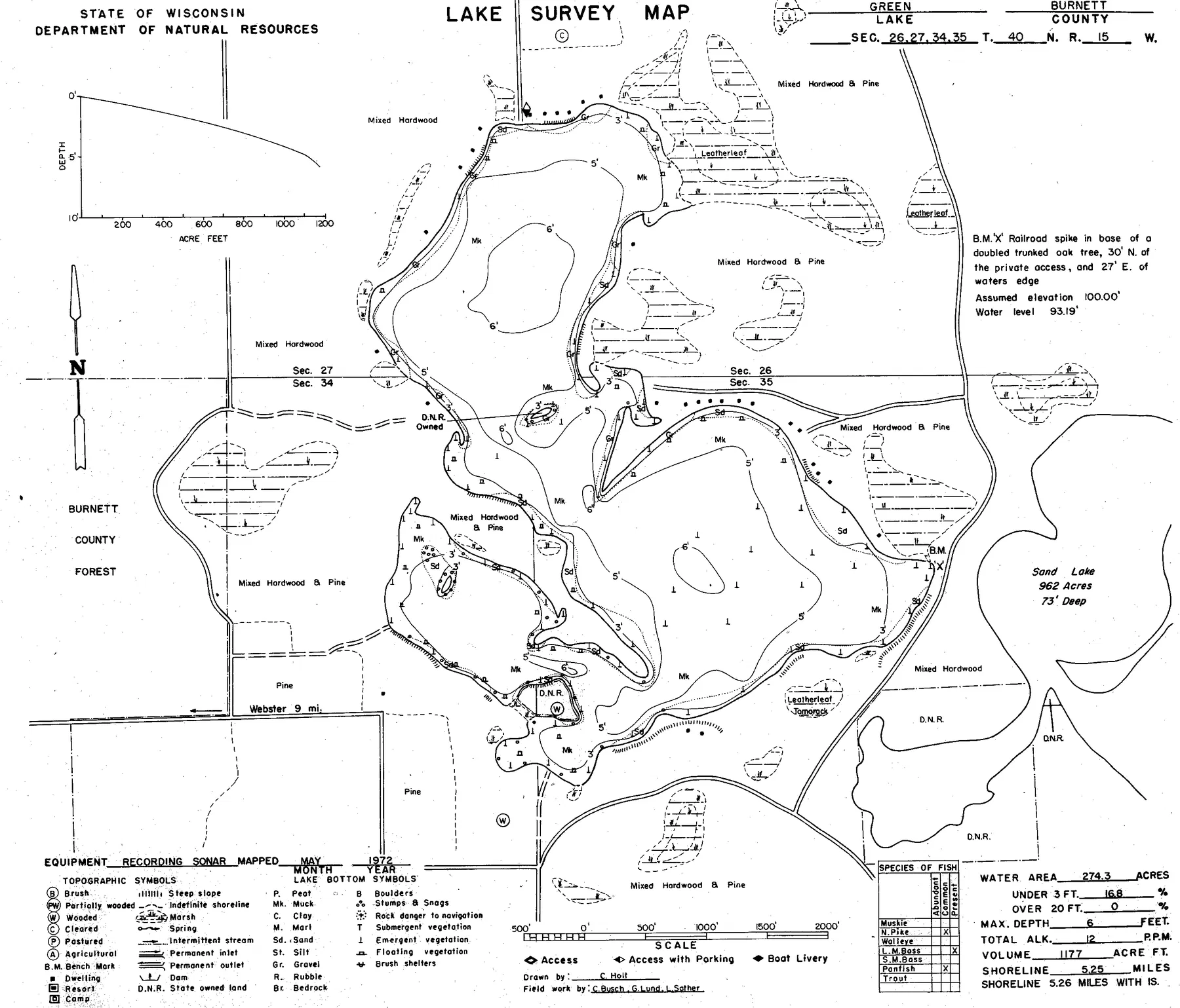 Green Lake historical Wisconsin DNR depth map sheet 1