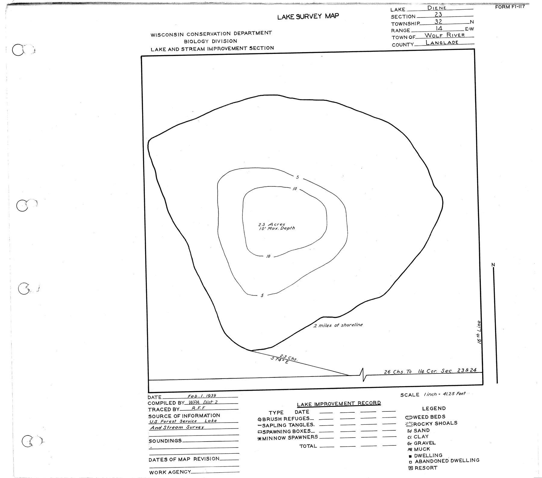 Diene Lake historical Wisconsin DNR depth map sheet 1