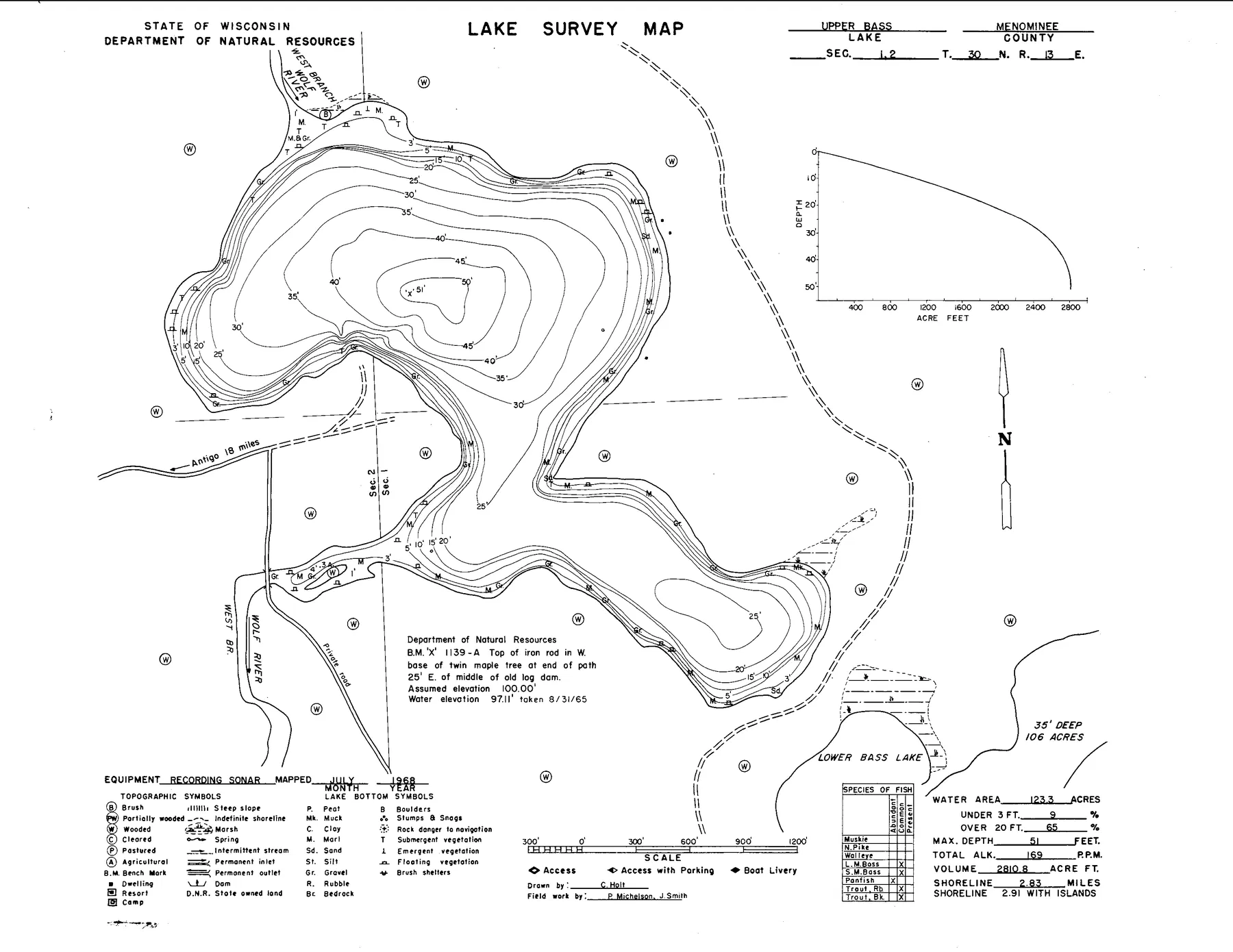 Bass Lakes historical Wisconsin DNR depth map sheet 1