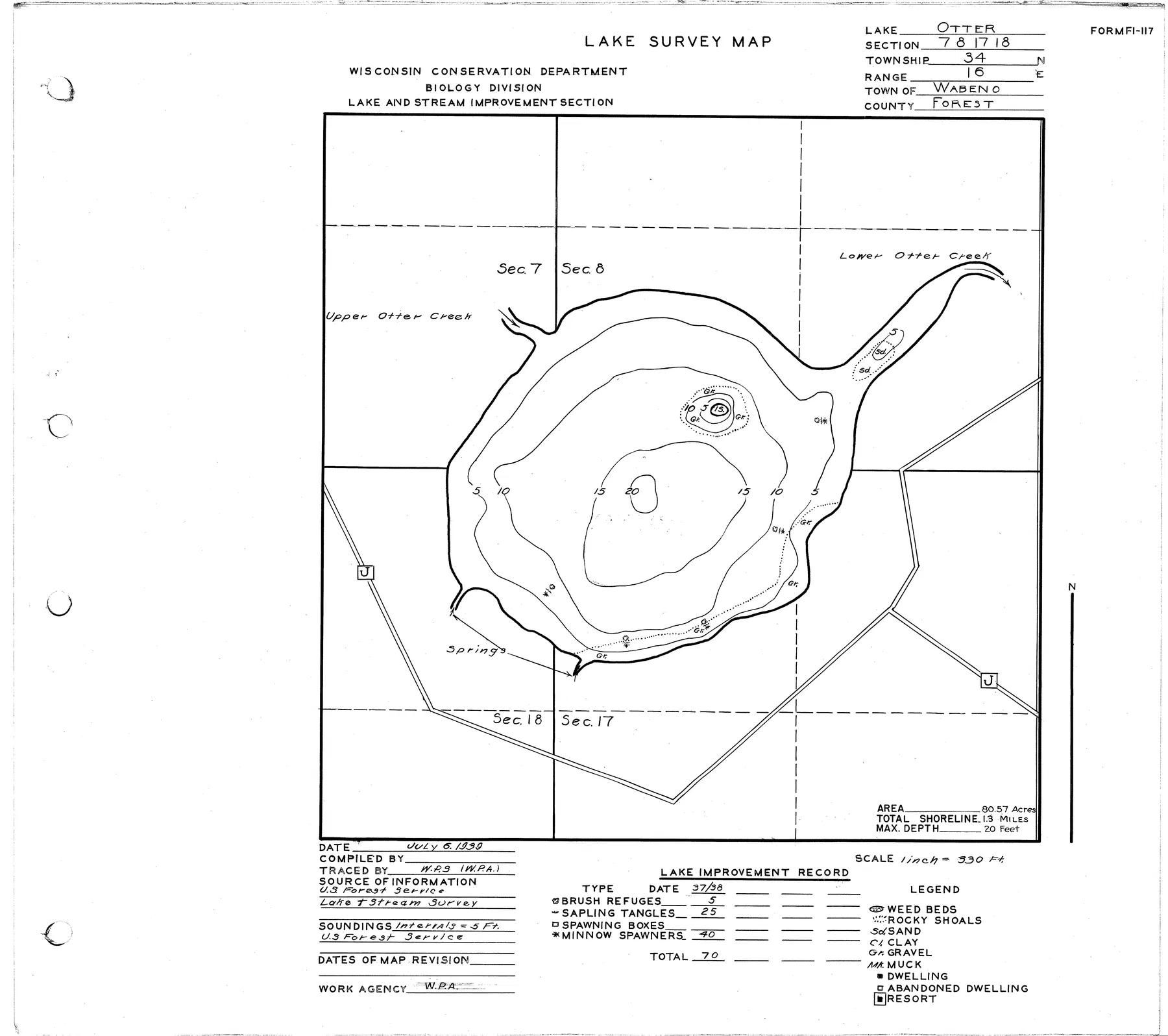 Otter Lake historical Wisconsin DNR depth map sheet 1