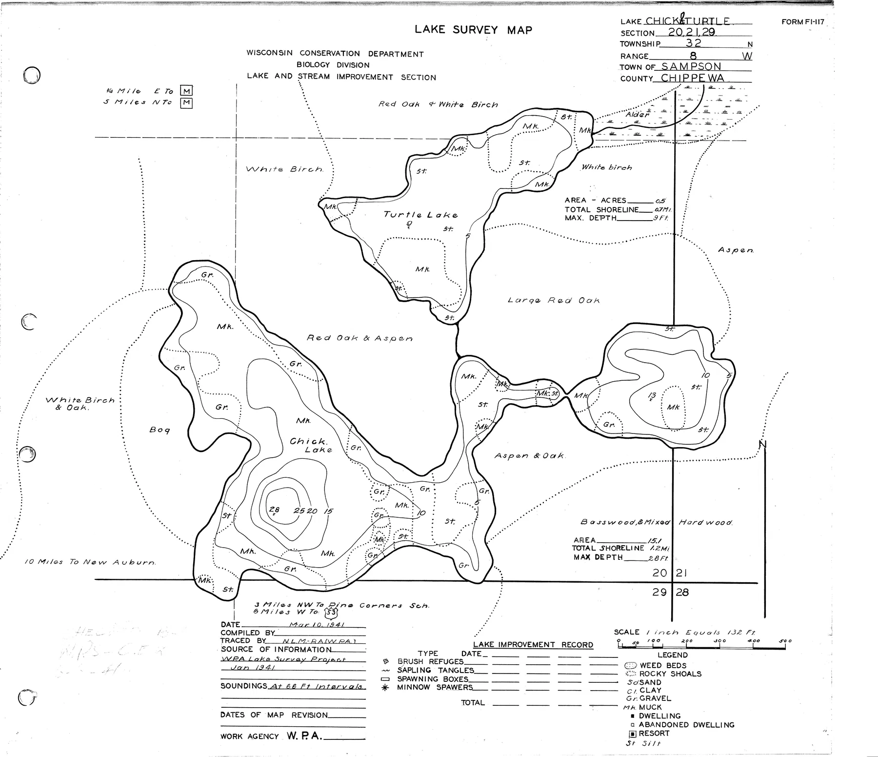 Chick Lake historical Wisconsin DNR depth map sheet 1