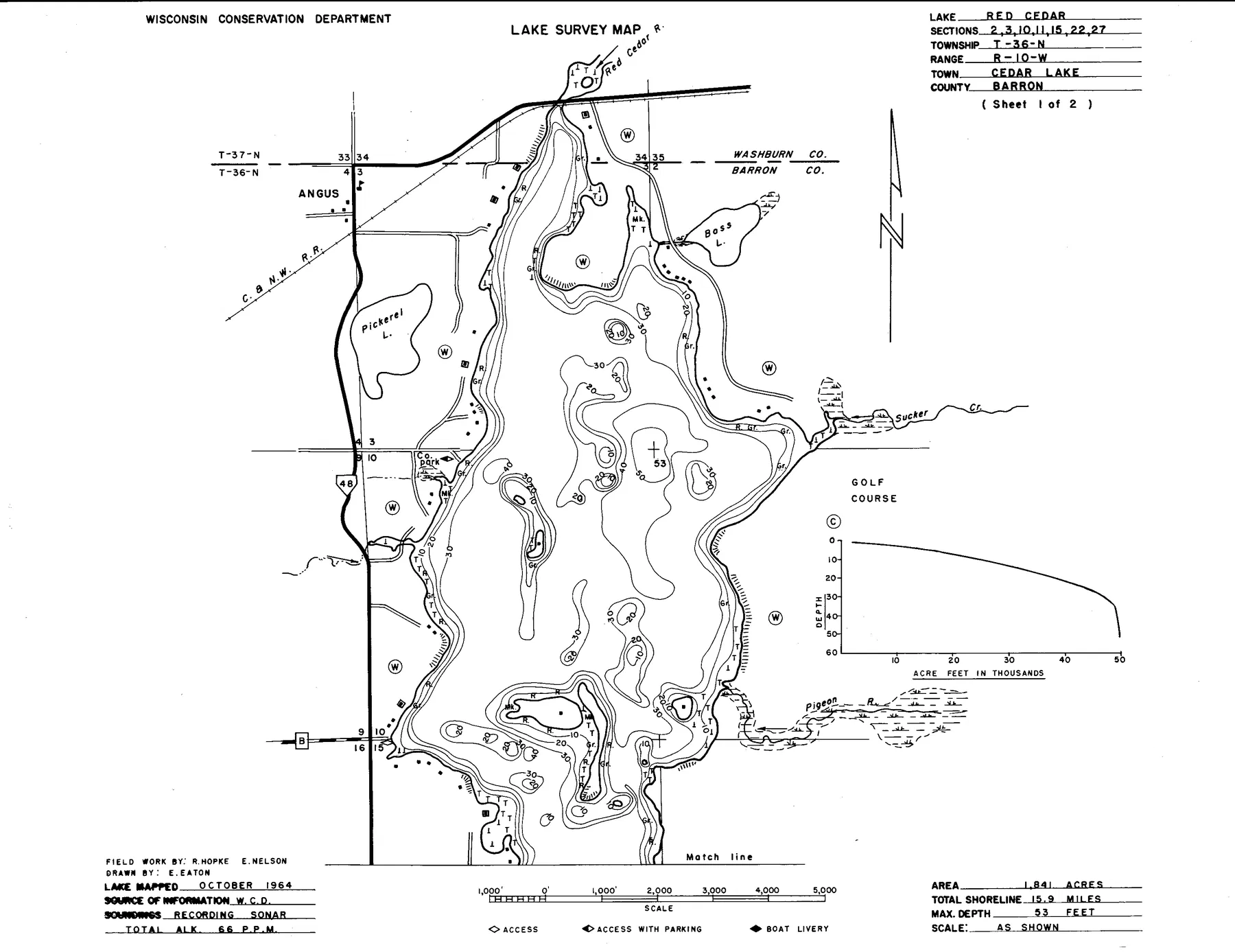 Red Cedar Lake historical Wisconsin DNR depth map sheet 1
