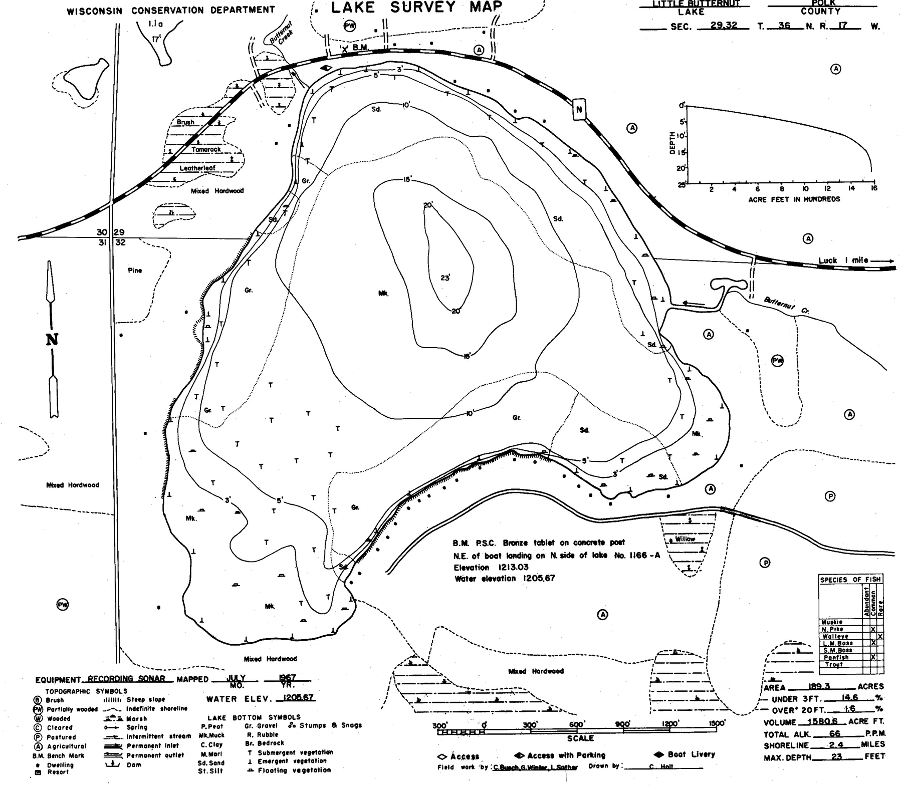 Little Butternut Lake historical Wisconsin DNR depth map sheet 1