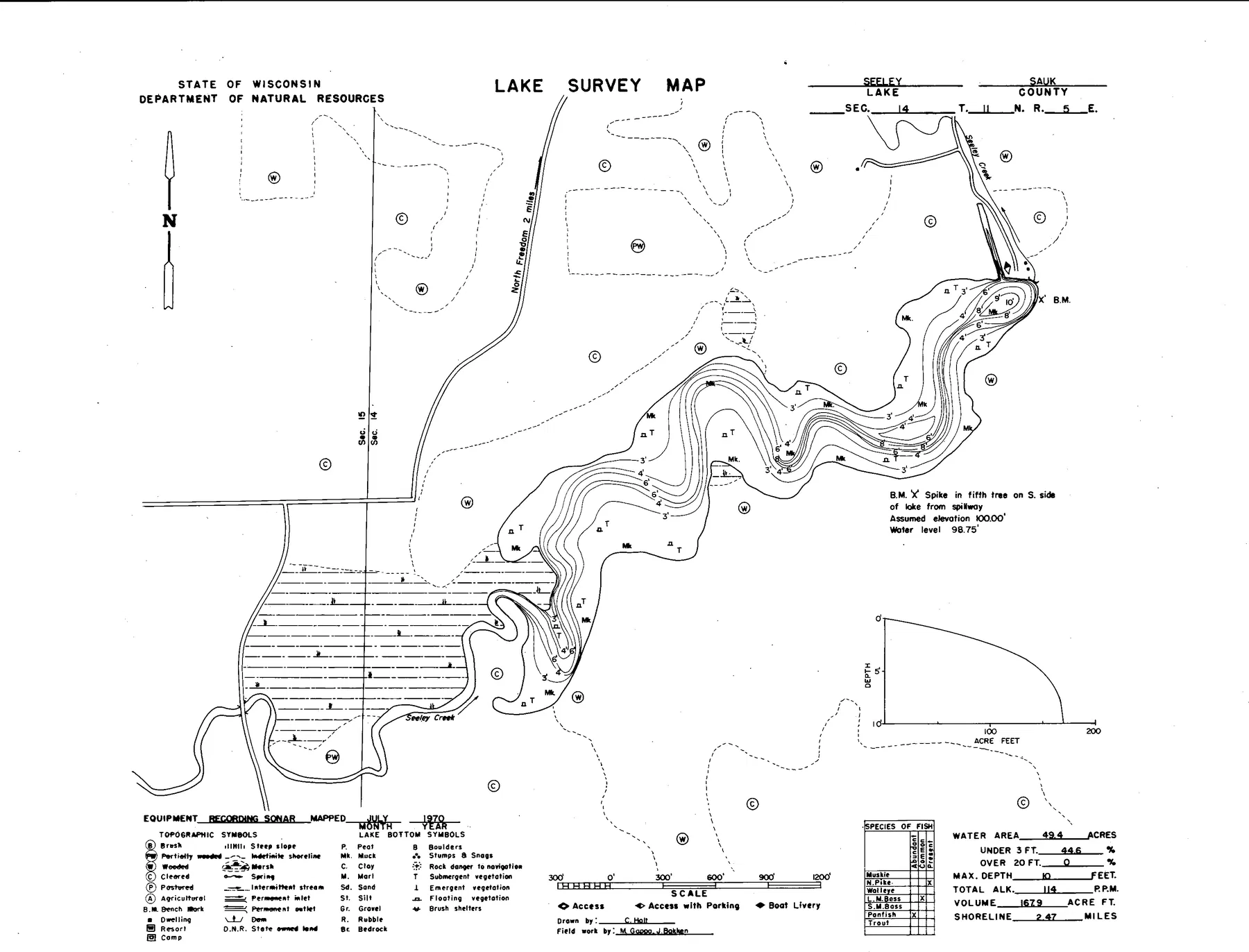 Seeley Lake historical Wisconsin DNR depth map sheet 1