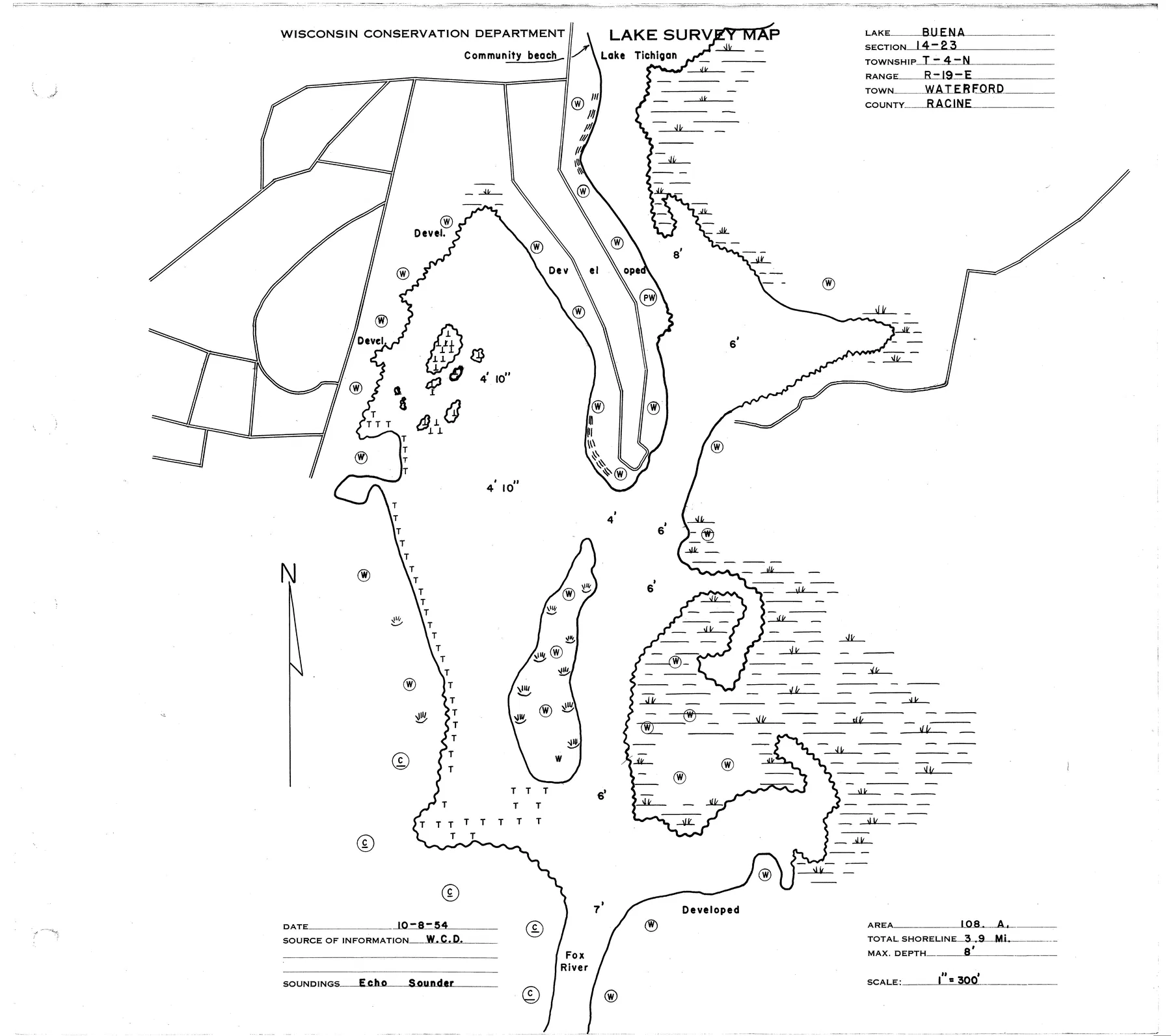 Buena Lake historical Wisconsin DNR depth map sheet 1