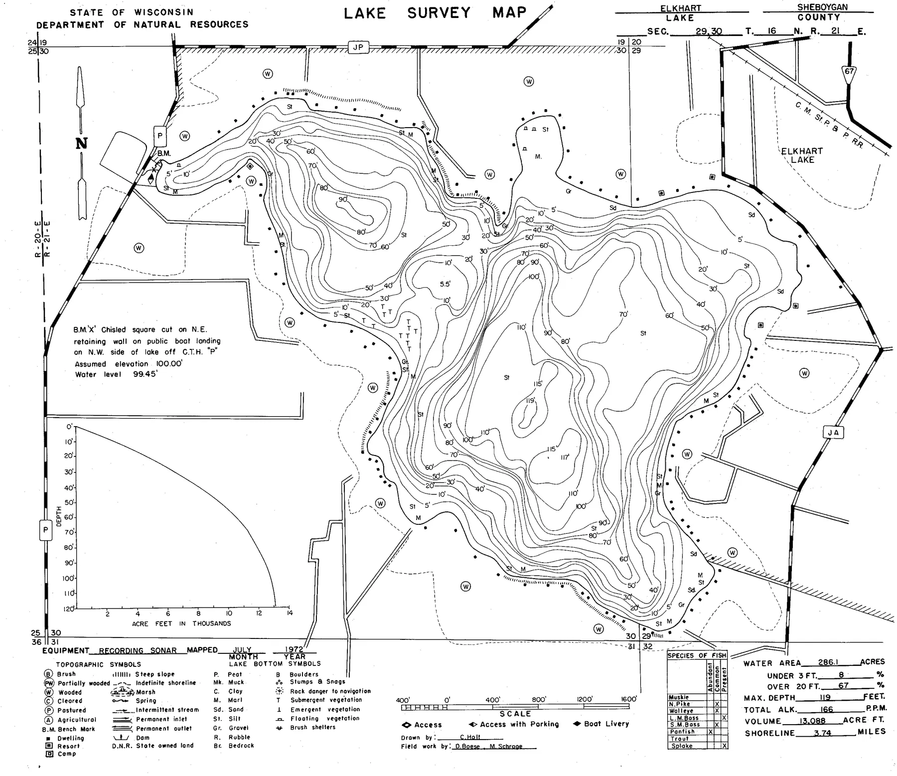 Elkhart Lake historical Wisconsin DNR depth map sheet 1