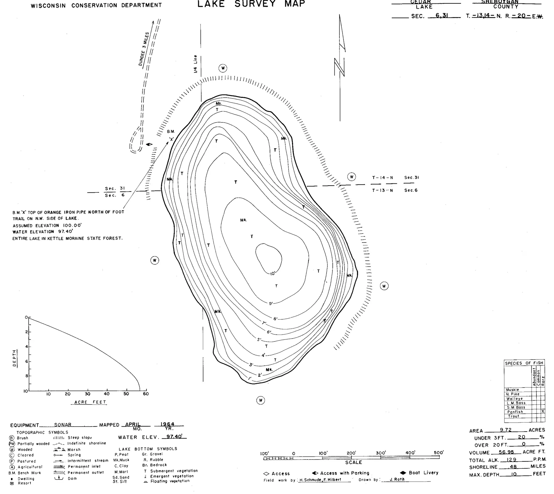 Cedar Lake historical Wisconsin DNR depth map sheet 1