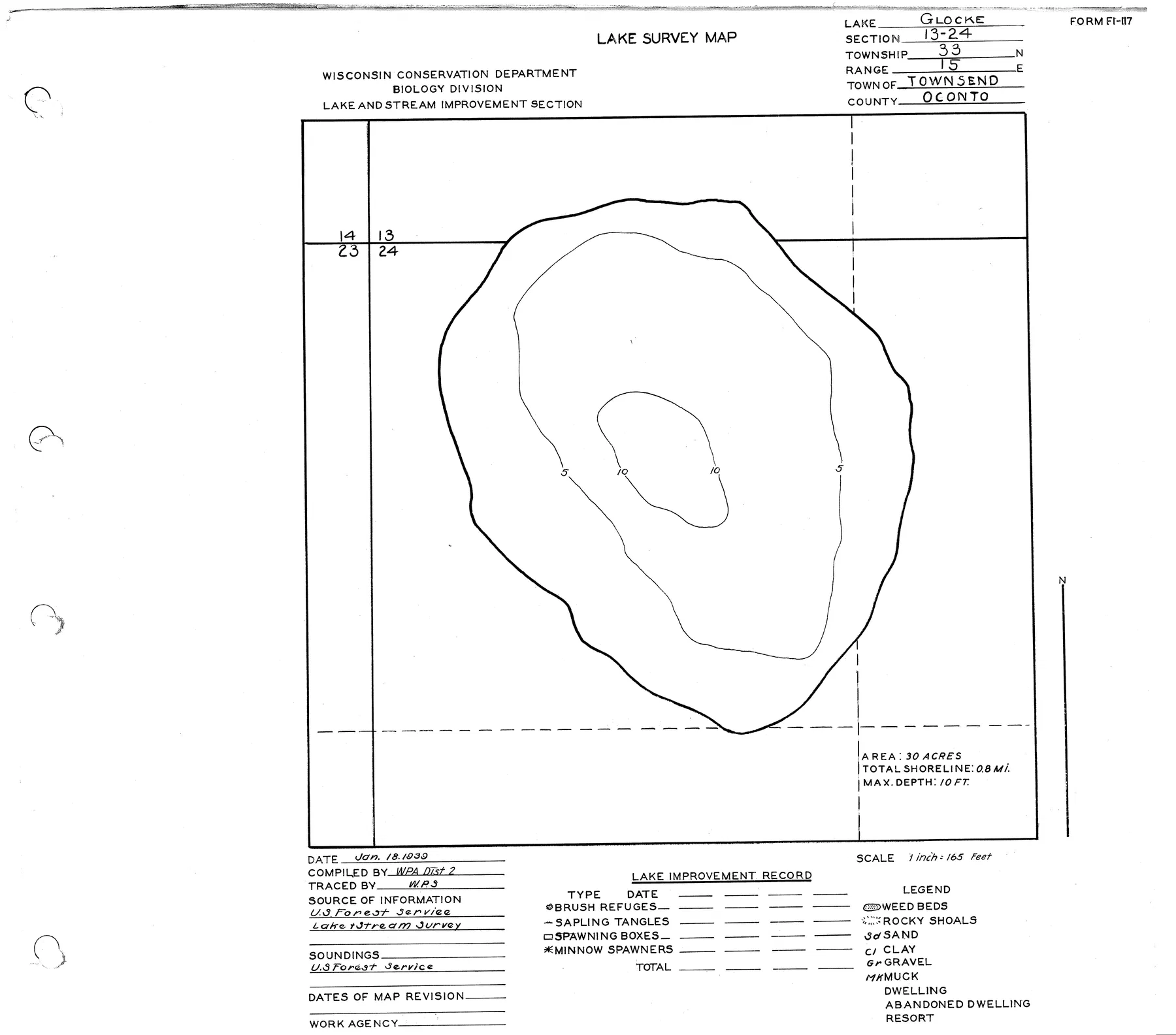 Glocke Lake historical Wisconsin DNR depth map sheet 1