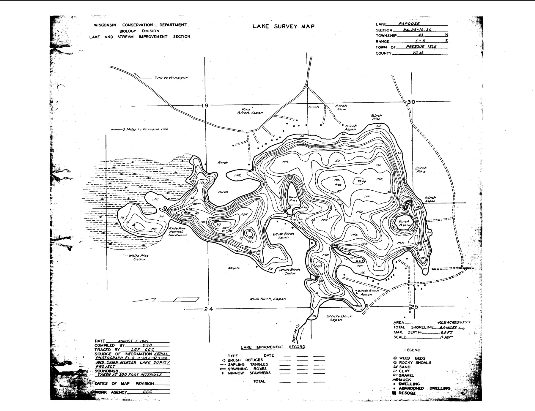 Papoose Lake historical Wisconsin DNR depth map sheet 1