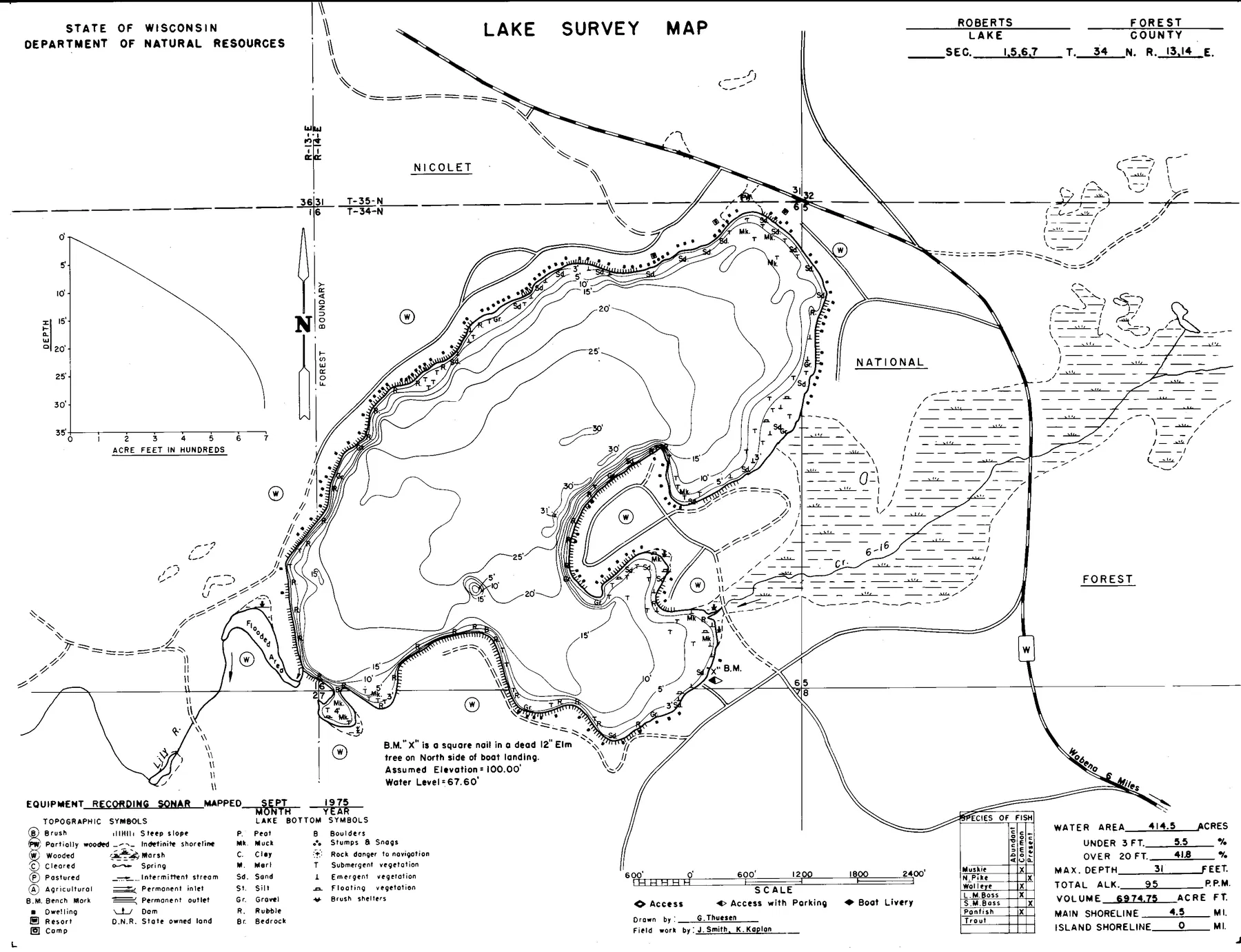 Roberts Lake historical Wisconsin DNR depth map sheet 1