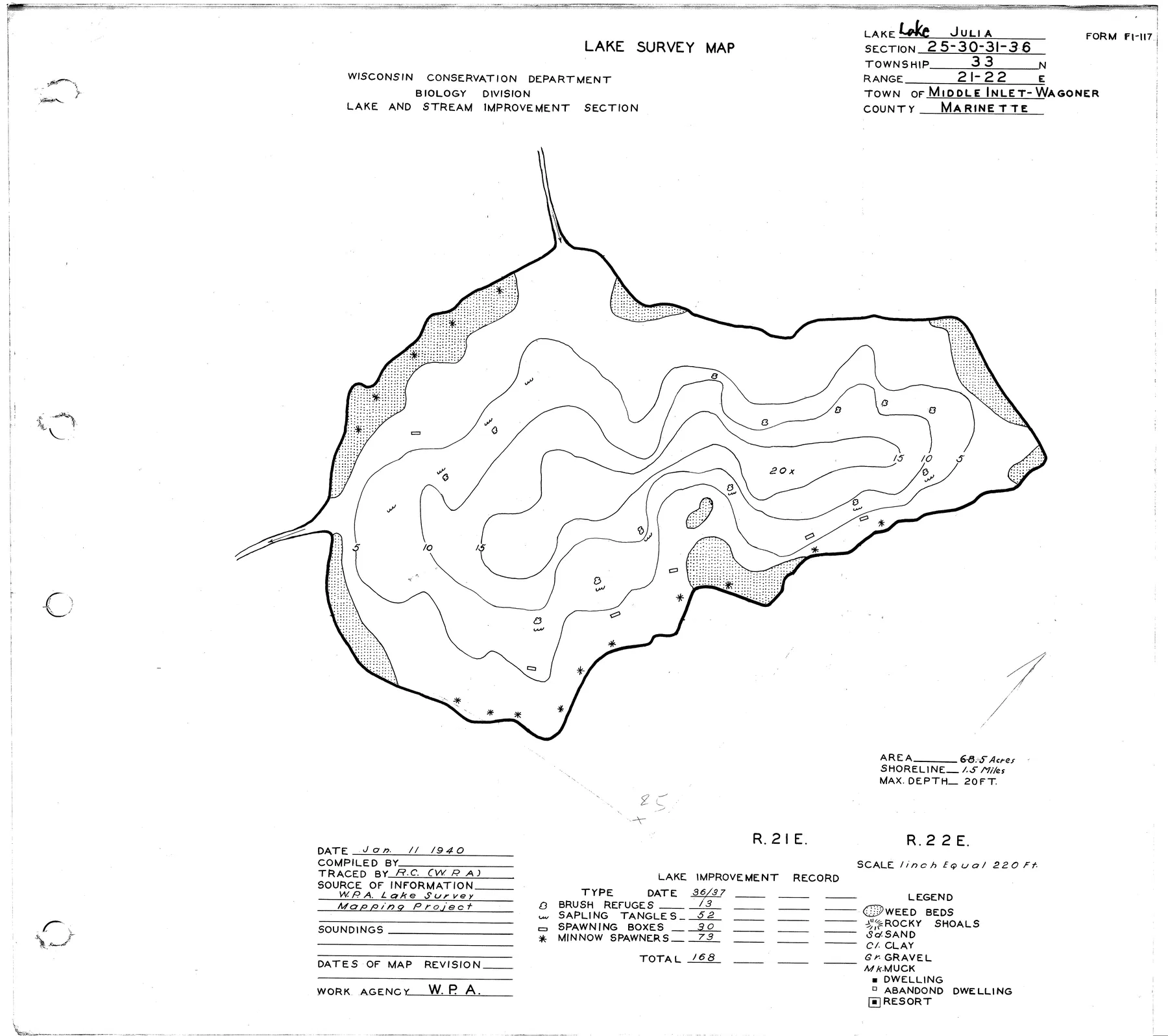 Lake Julia historical Wisconsin DNR depth map sheet 1