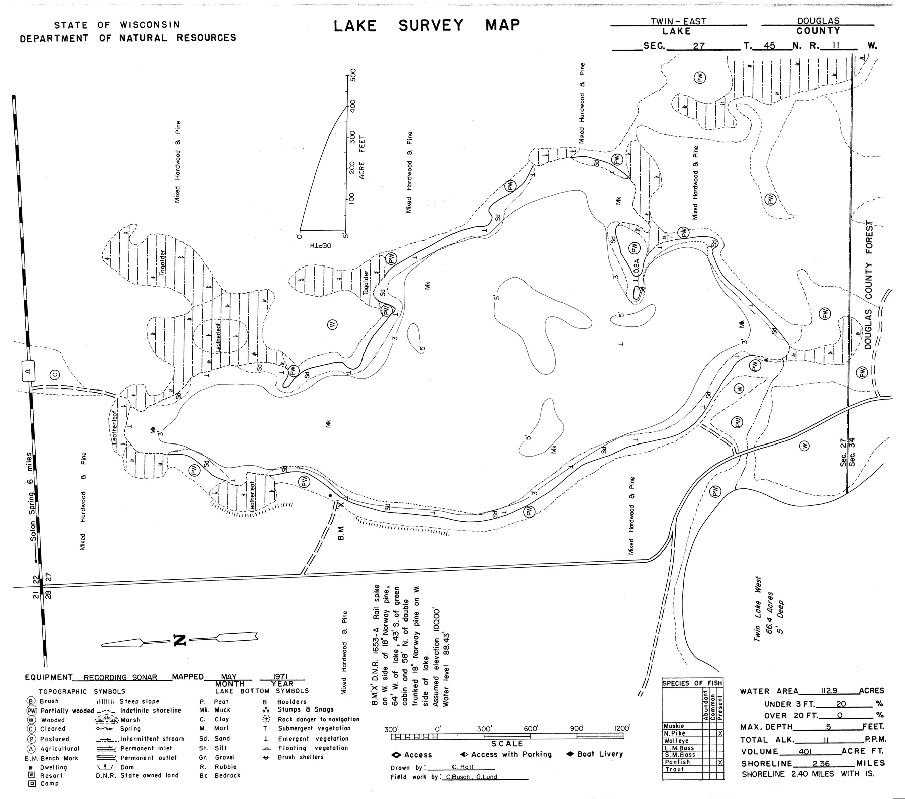 Twin Lakes historical Wisconsin DNR depth map sheet 1