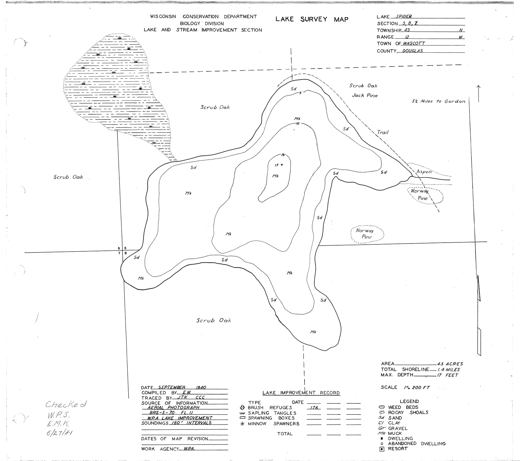 Spider Lake historical Wisconsin DNR depth map sheet 1
