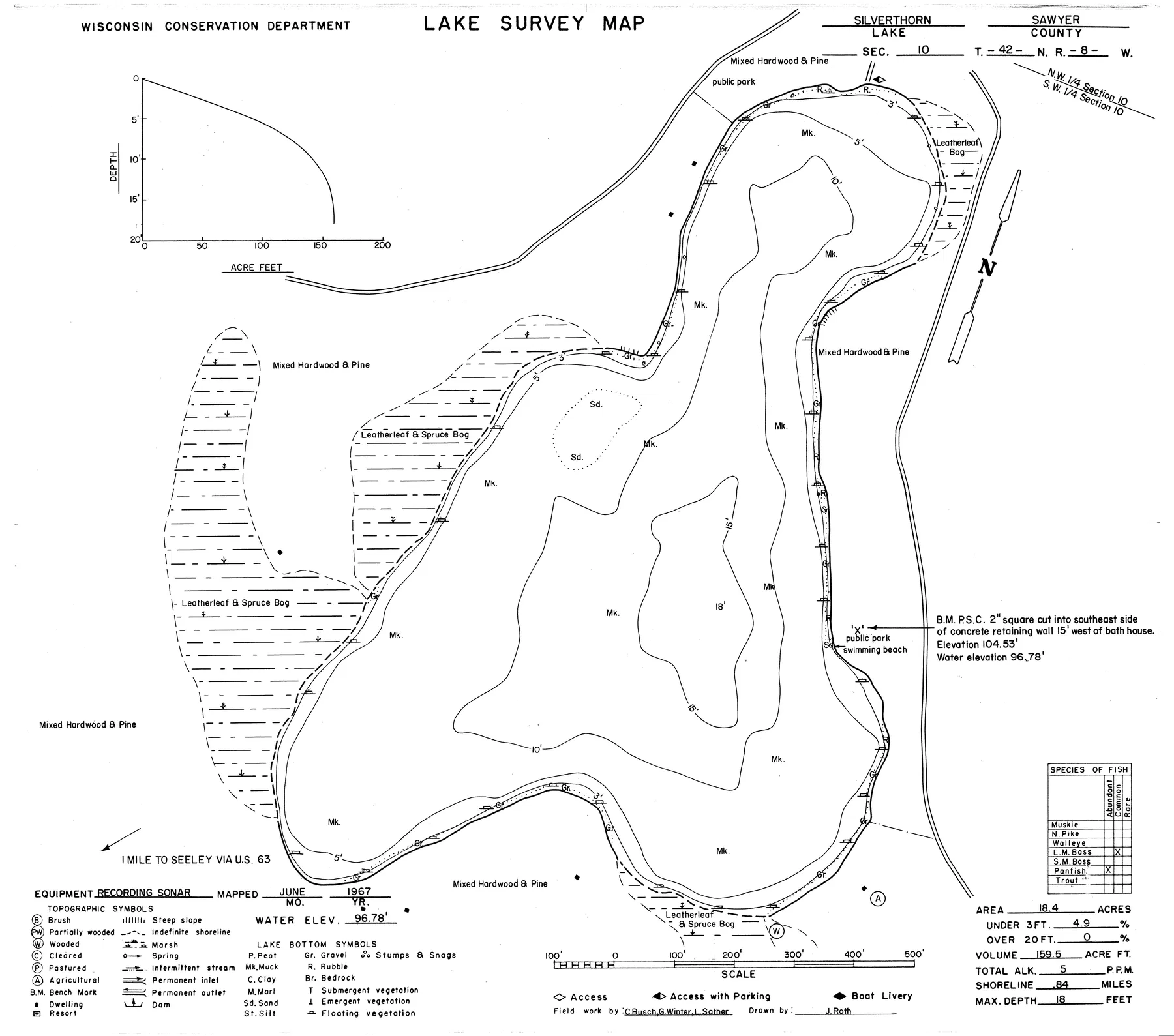 Silverthorn Lake historical Wisconsin DNR depth map sheet 1