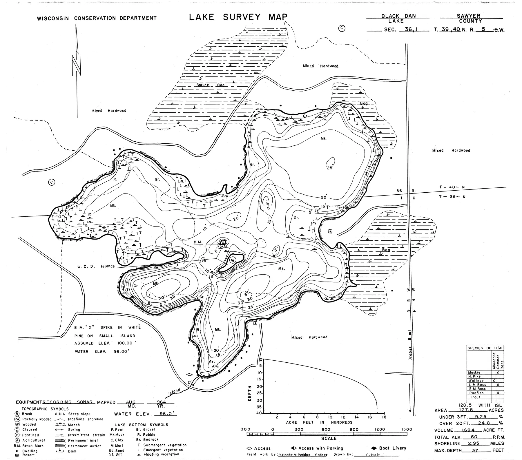 Black Dan Lake historical Wisconsin DNR depth map sheet 1