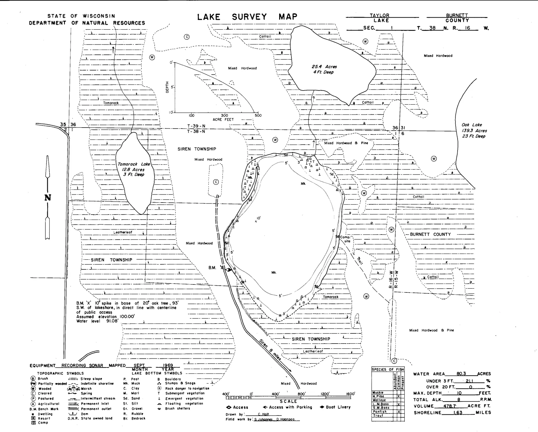 Taylor Lake historical Wisconsin DNR depth map sheet 1
