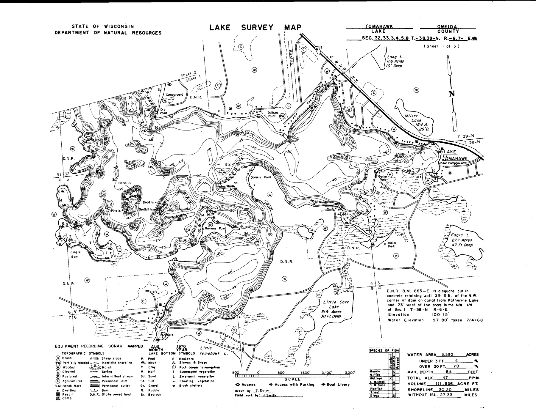 Tomahawk Lake historical Wisconsin DNR depth map sheet 1